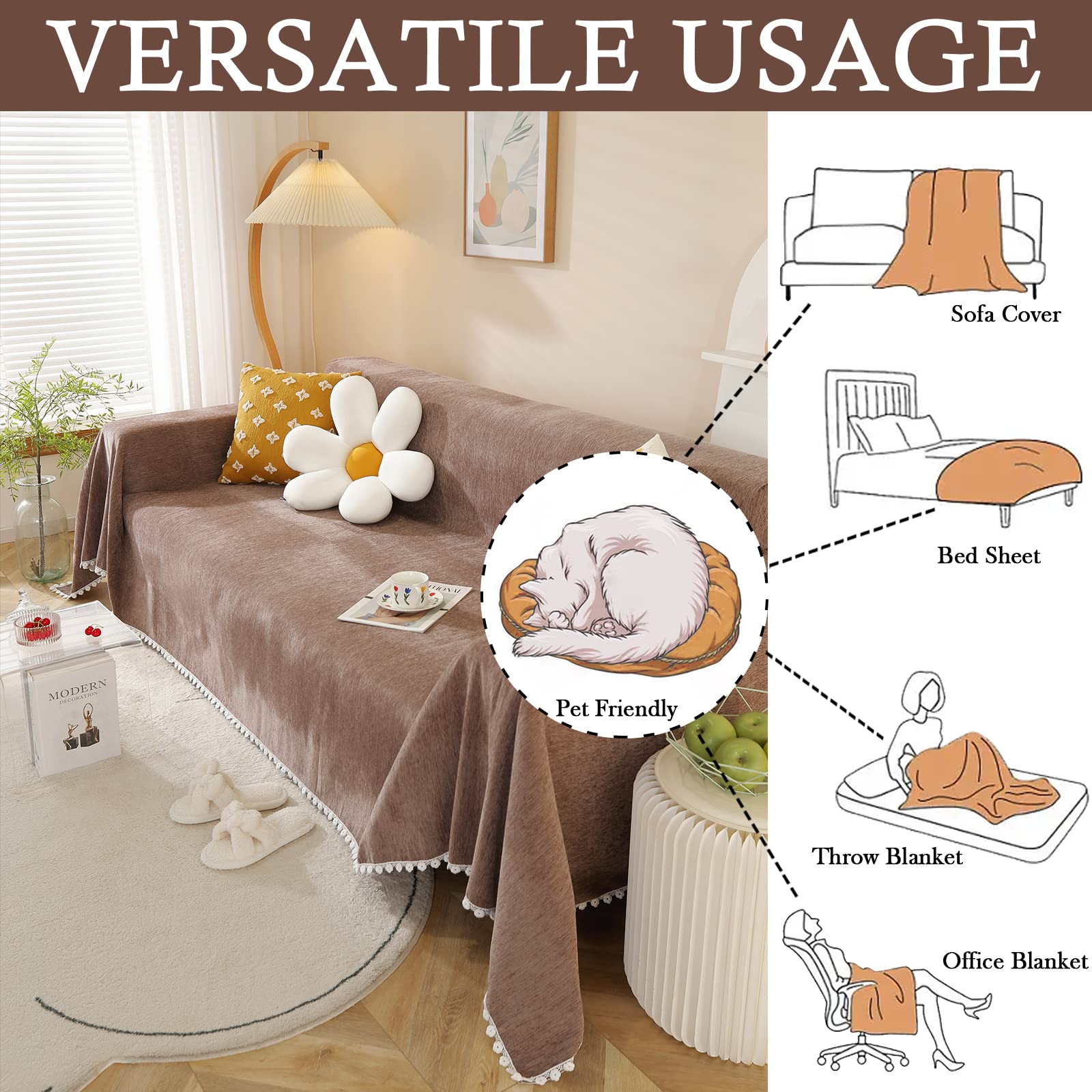 Handontime Brown Sofa Covers Simple Couch Cover For Pet White Floral Couch Cushion Covers For L Shape Chocolate Sofa Throw Cover Sectional Couch Covers For Living Room Machine Washable, 71' X134'