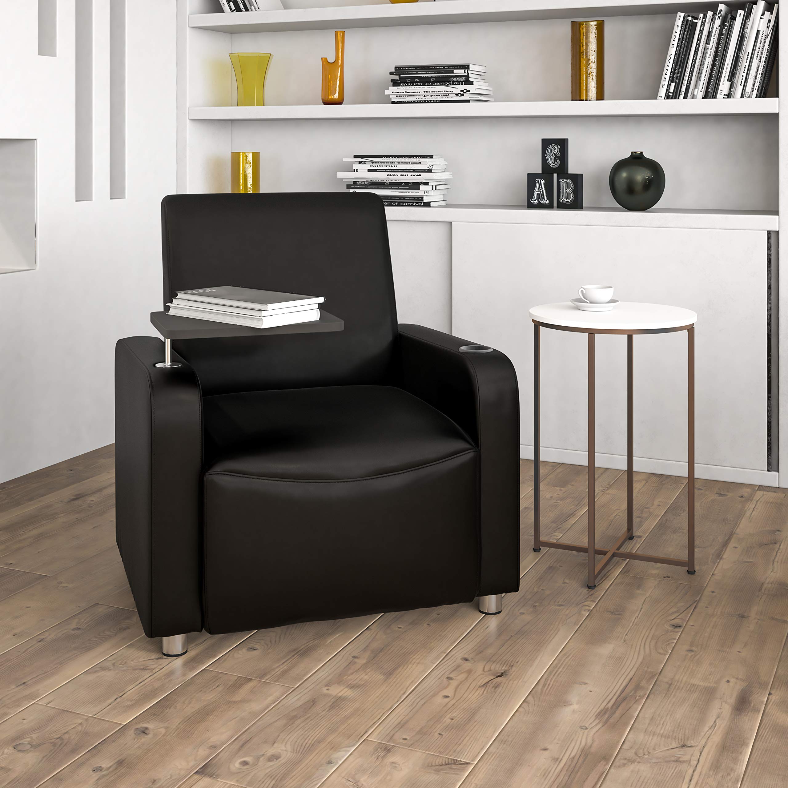 Flash Furniture George Leathersoft Guest Chair With Tablet Arm And Cup Holder, Upholstered Tablet Arm Chair For Offices And Waiting Rooms, Black