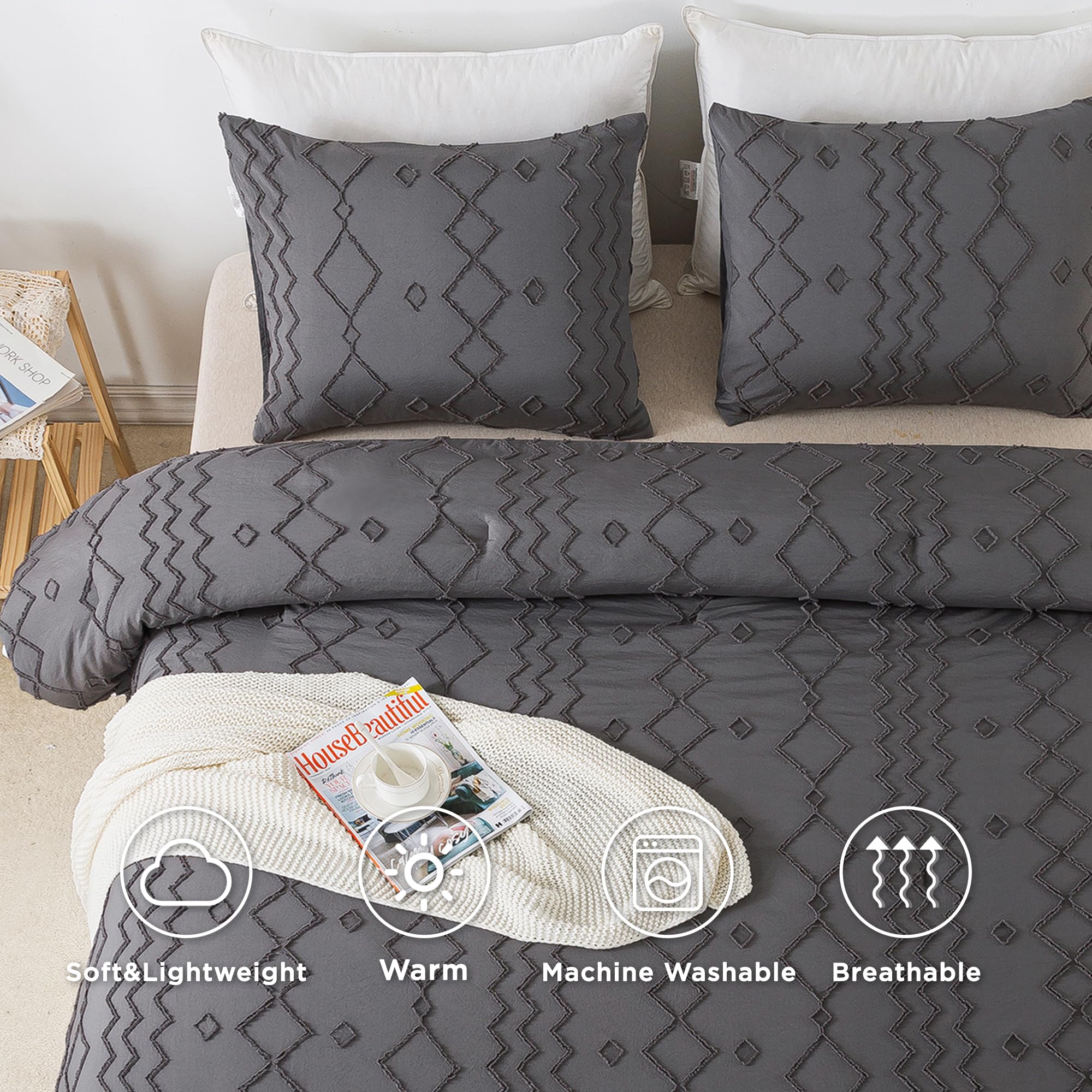 Andency Dark Gray Tufted Comforter Set Full(79X90Inch), 3 Pieces(1 Tufts Comforter, 2 Pillowcases) Boho Textured Farmhouse Comforter, Microfiber Down Alternative Geometric Comforter Bedding Set
