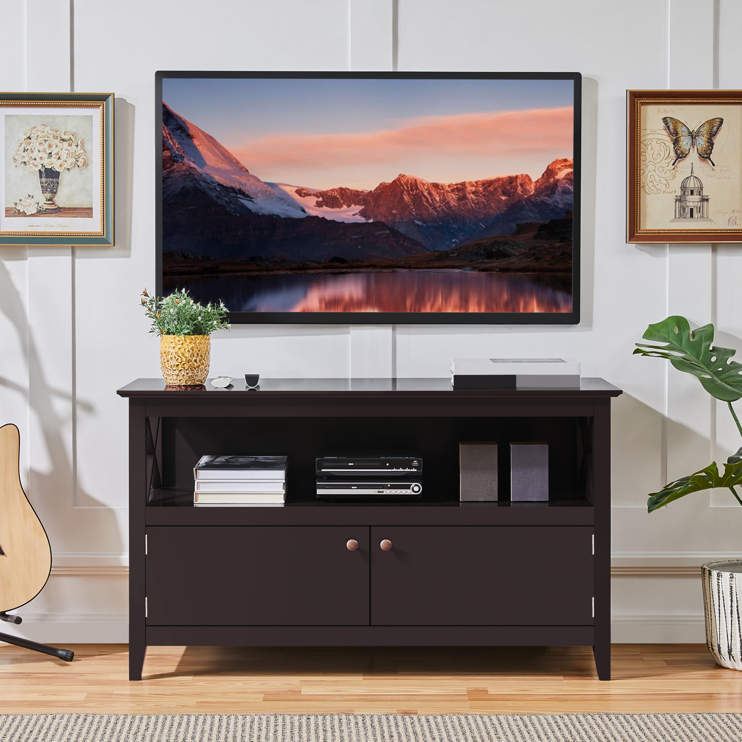 Yaheetech Wooden TV Stand for TVs Up to 48", Espresso, Media Cabinet with Storage Shelf & 2 Doors, Model YT-00089125TS