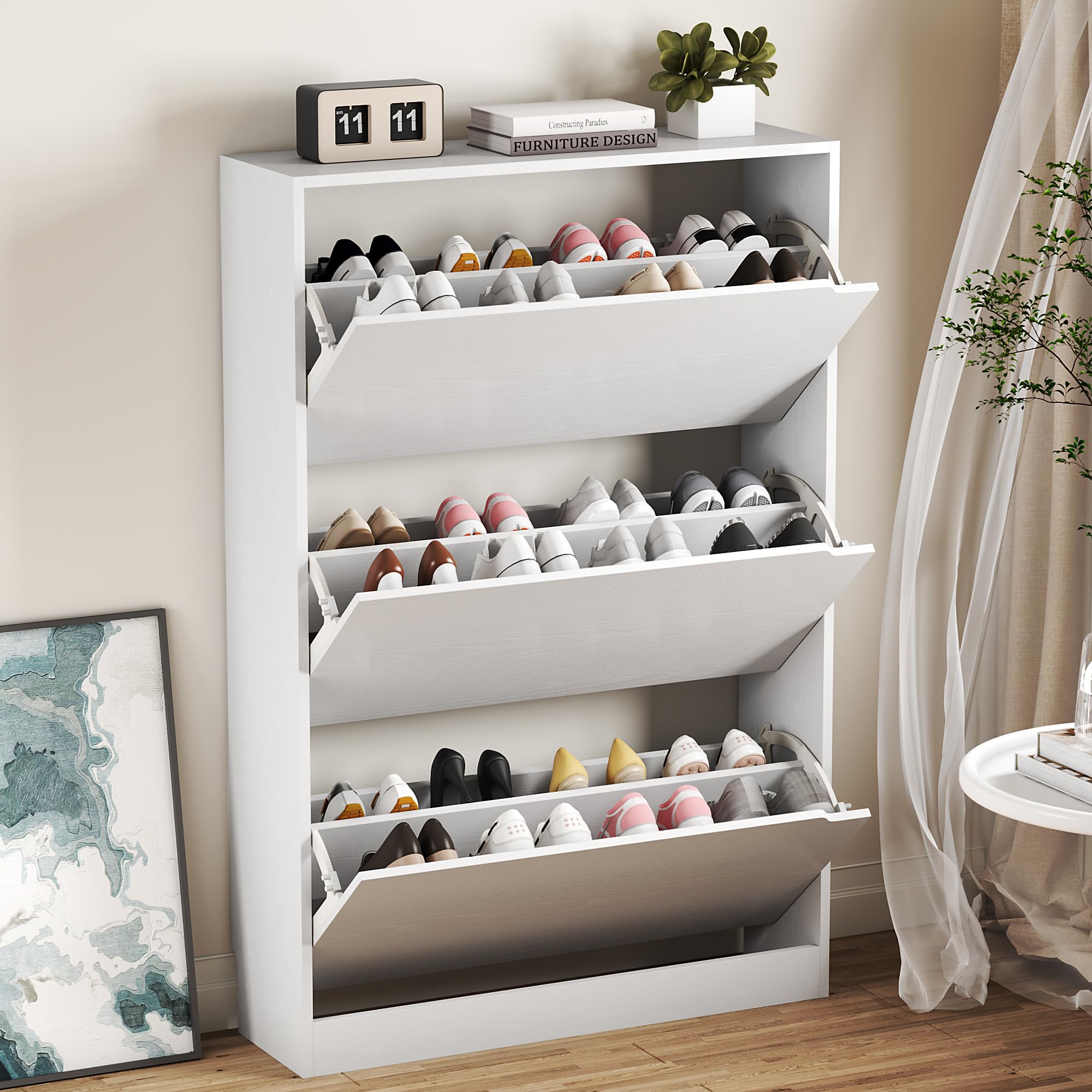 Bornoon Shoe Cabinet With 3 Flip Drawers, Hidden Wood Shoe Cabinet,Freestanding Shoe Storage Cabinet For Entryway Hallway.White.
