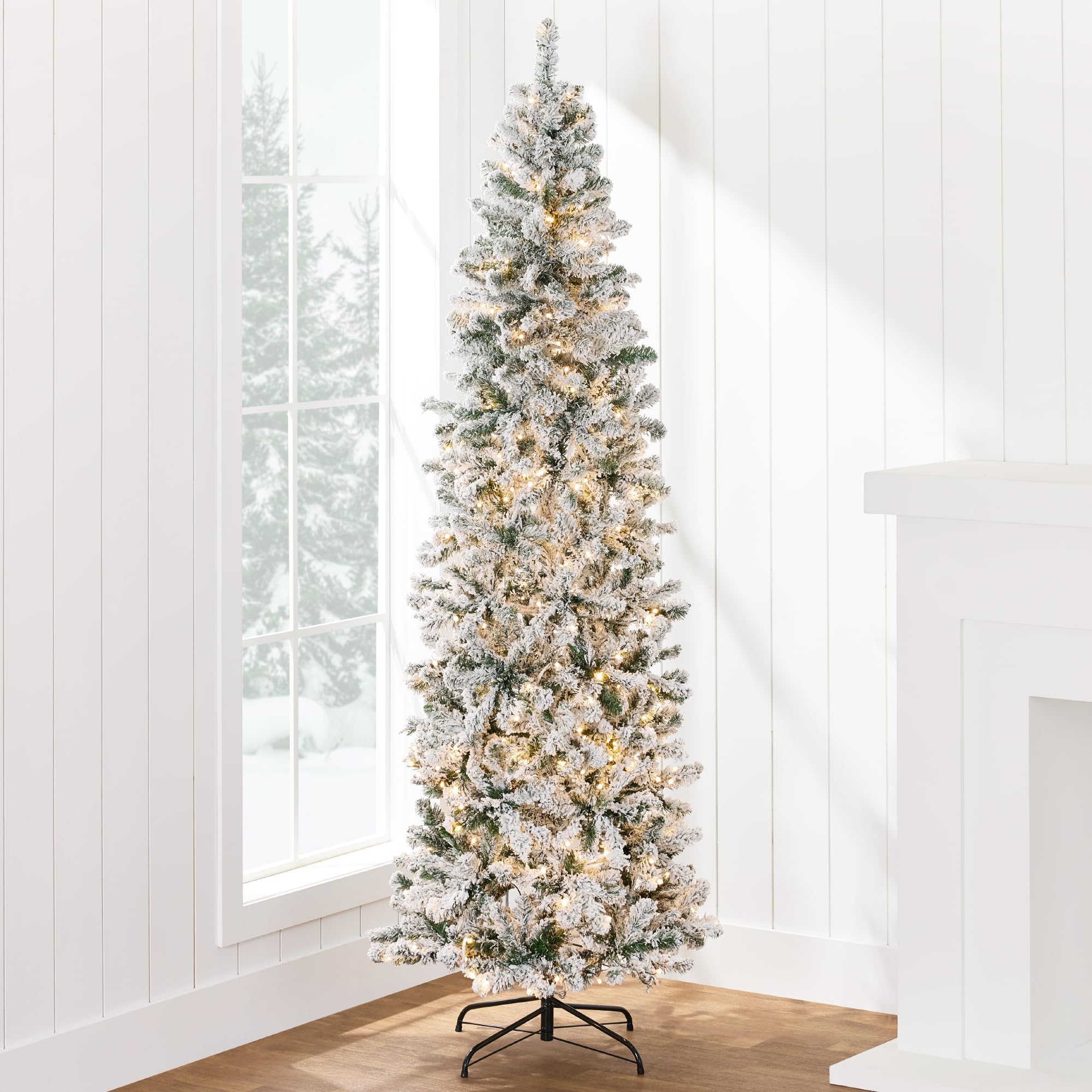 Best Choice Products Flocked Pencil Christmas Tree, Pre-Lit Slim Artificial Holiday Decoration, 9ft Lighted Skinny w/Base, Warm 