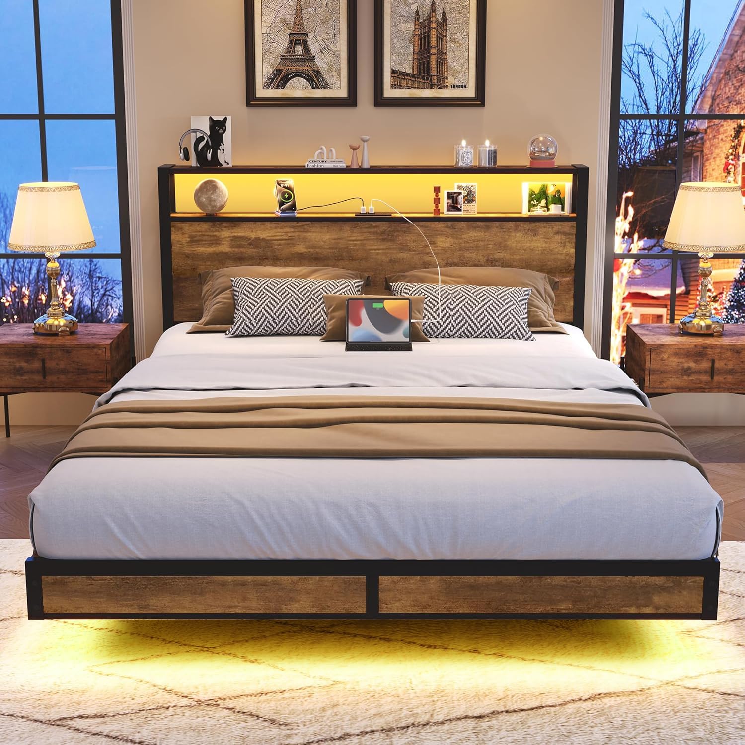BedsPick Queen Size Bed Frame with 2-Tier Storage Headboard, Sturdy Metal Platform Bed Frame with Charging Station & LED Lights,