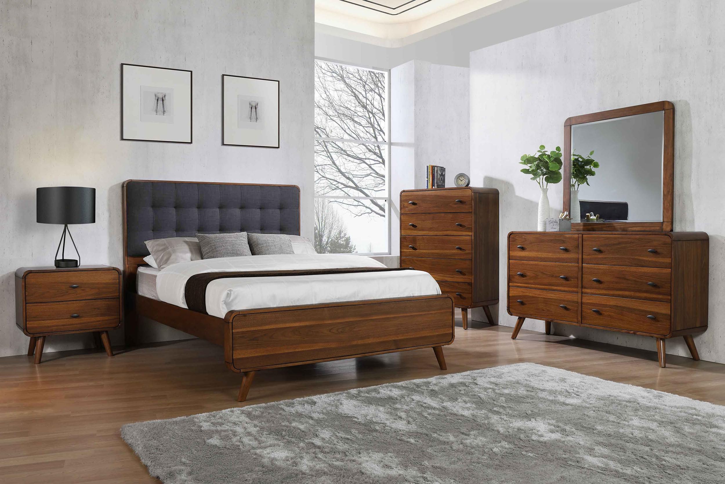 Coaster Home Furnishings Robyn Contemporary 5-Piece Bedroom Set Fabric Upholstered Queen Size Panel Bed Frame 53-inch Headboard Dark Walnut 205131Q-S5