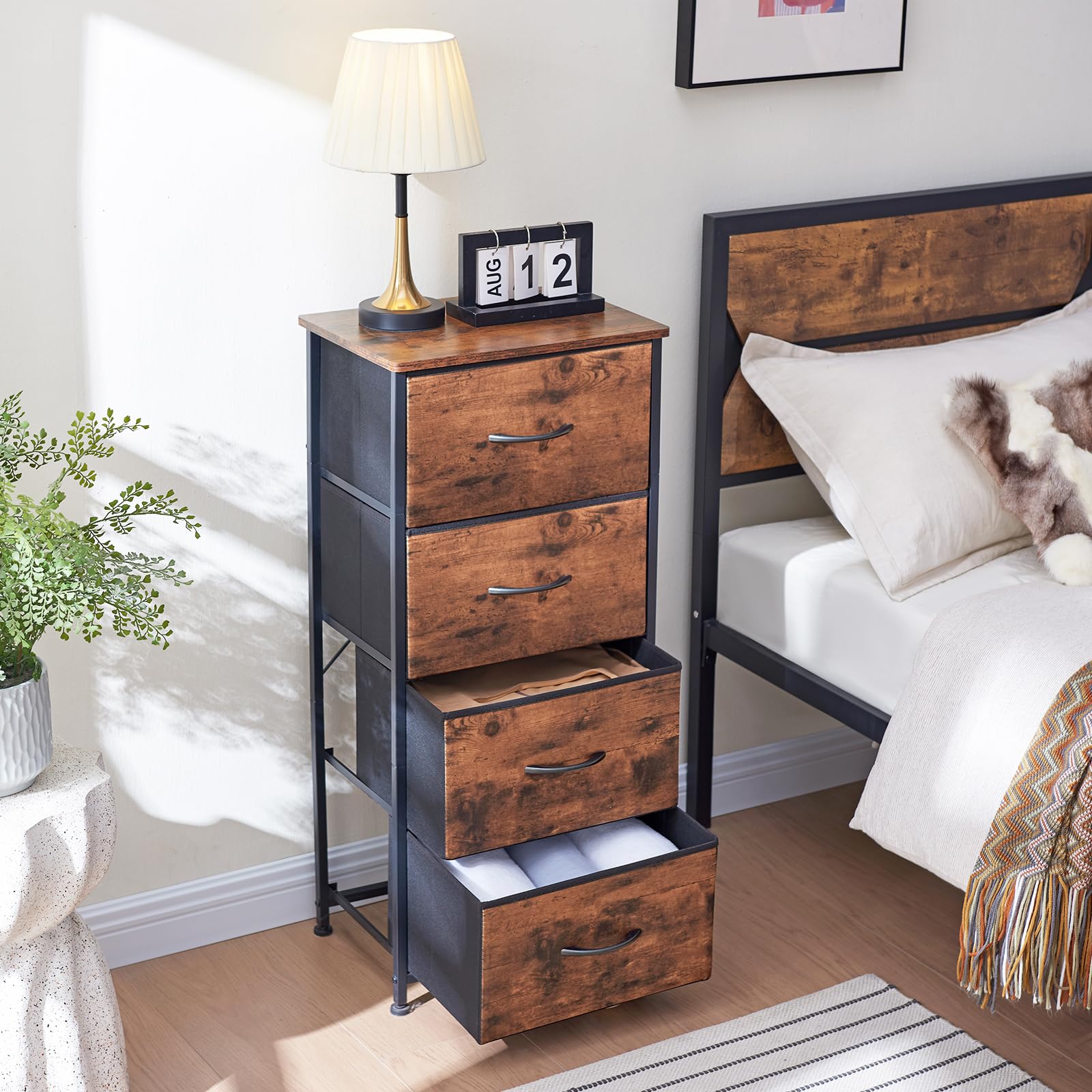 Somdot Tall Dresser For Bedroom With 4 Drawers, Storage Organizer Chest Of Drawers With Removable Fabric Bins For Living Room Closet Bedside Nursery Laundry Entryway Hallway, Wood Grain Print