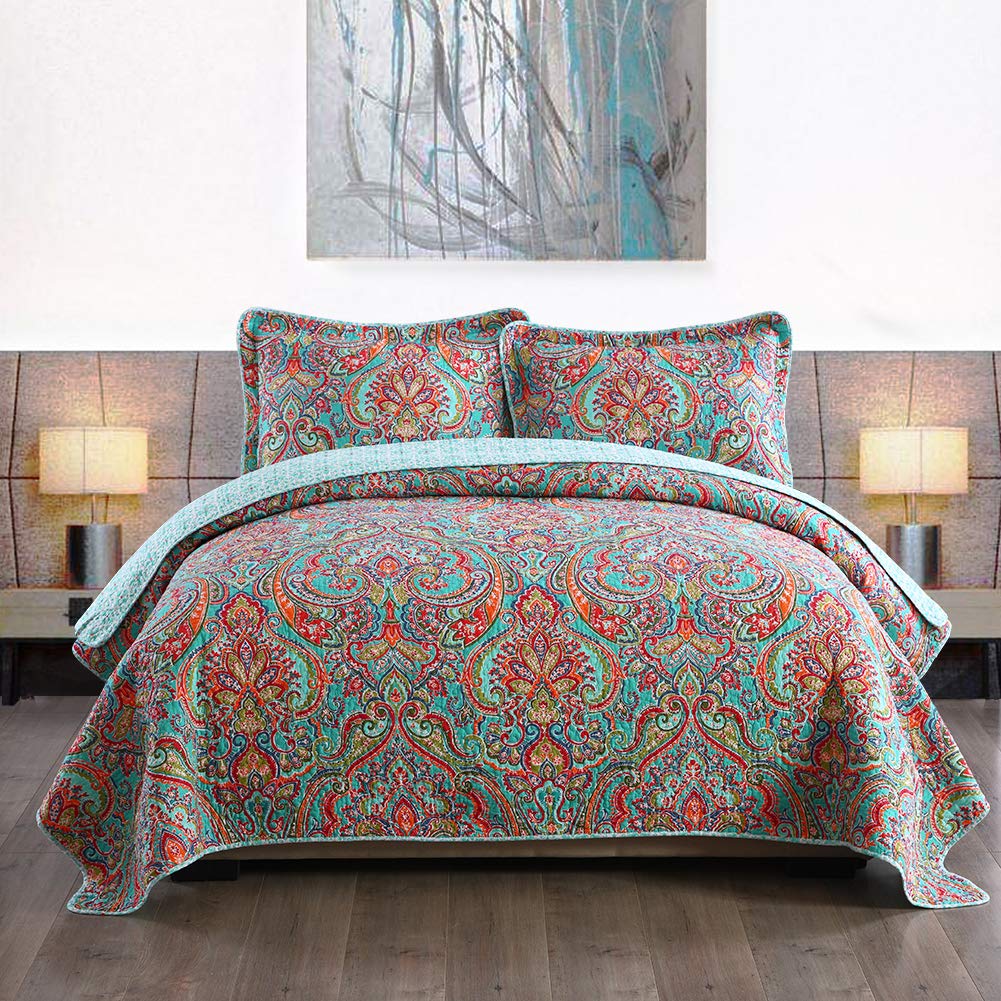 Newlake Cotton Bedspread Quilt Sets-Reversible Patchwork Coverlet Set, European Gorgeous Floral Pattern, Queen Size