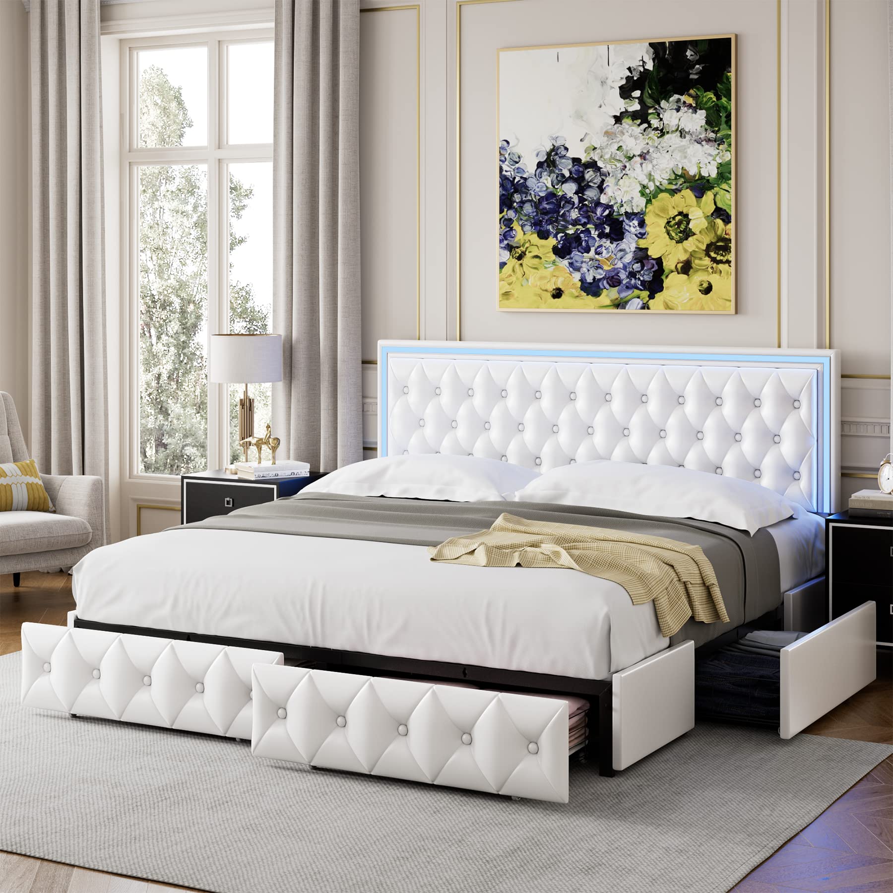 Keyluv Full Upholstered Led Bed Frame With 4 Drawers, Pu Leather Platform Storage Bed With Adjustable Button Tufted Headboard And Solid Wooden Slats Support, No Box Spring Needed, White