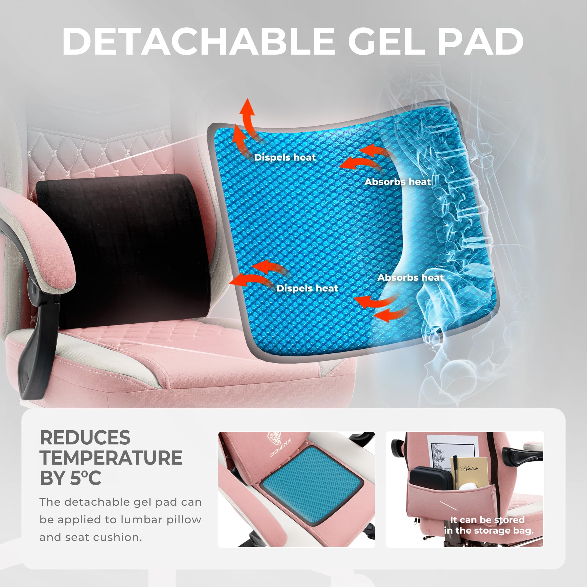 Dowinx Gaming Chair Breathable Fabric Computer Chair With Pocket Spring Cushion, Comfortable Office Chair With Gel Pad And Storage Bag,Massage Game Chair With Footrest,Pink