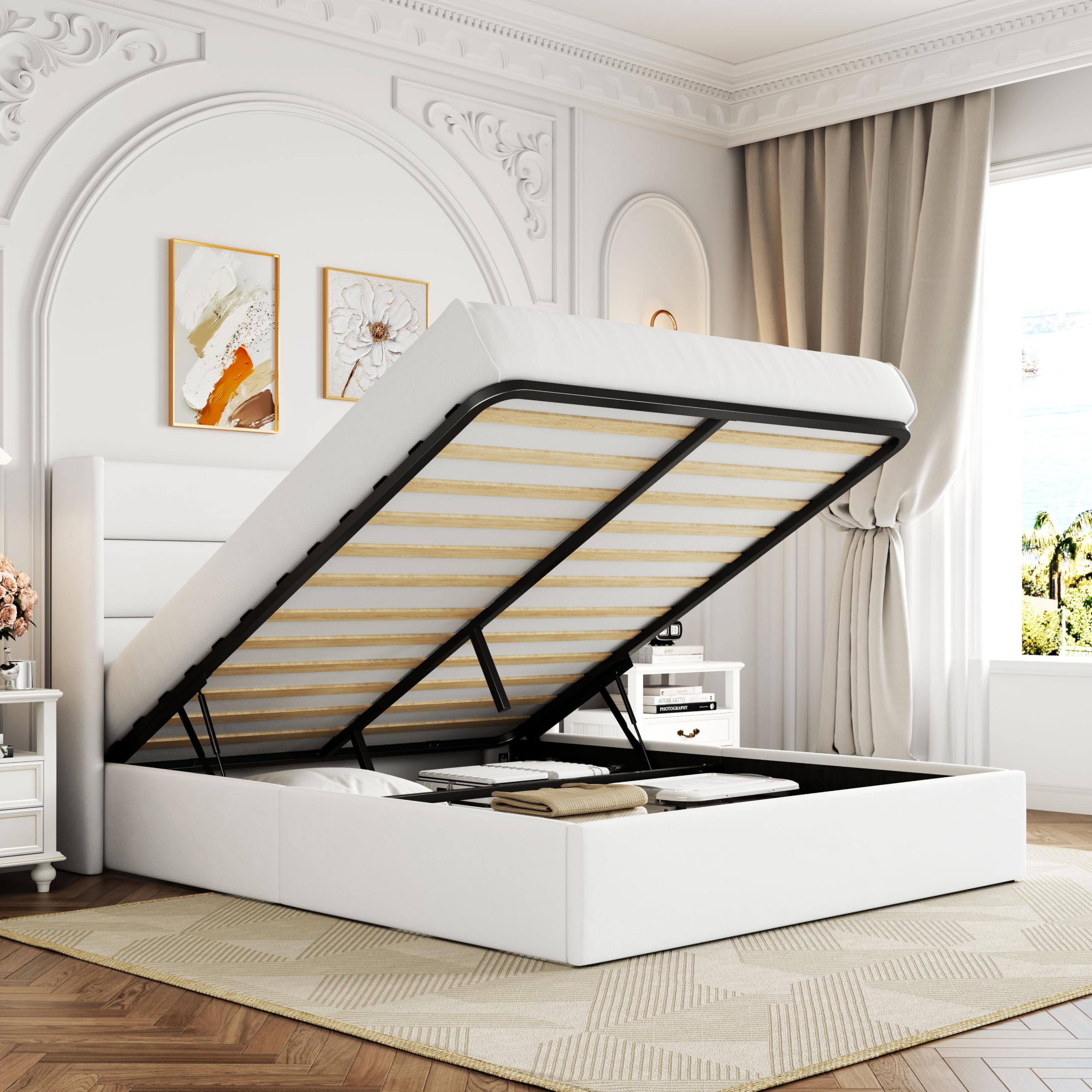 Allewie Queen Size Velvet Lift Up Storage Bed, Modern Wingback Headboard, Hydraulic Support, No Box Spring Needed, White