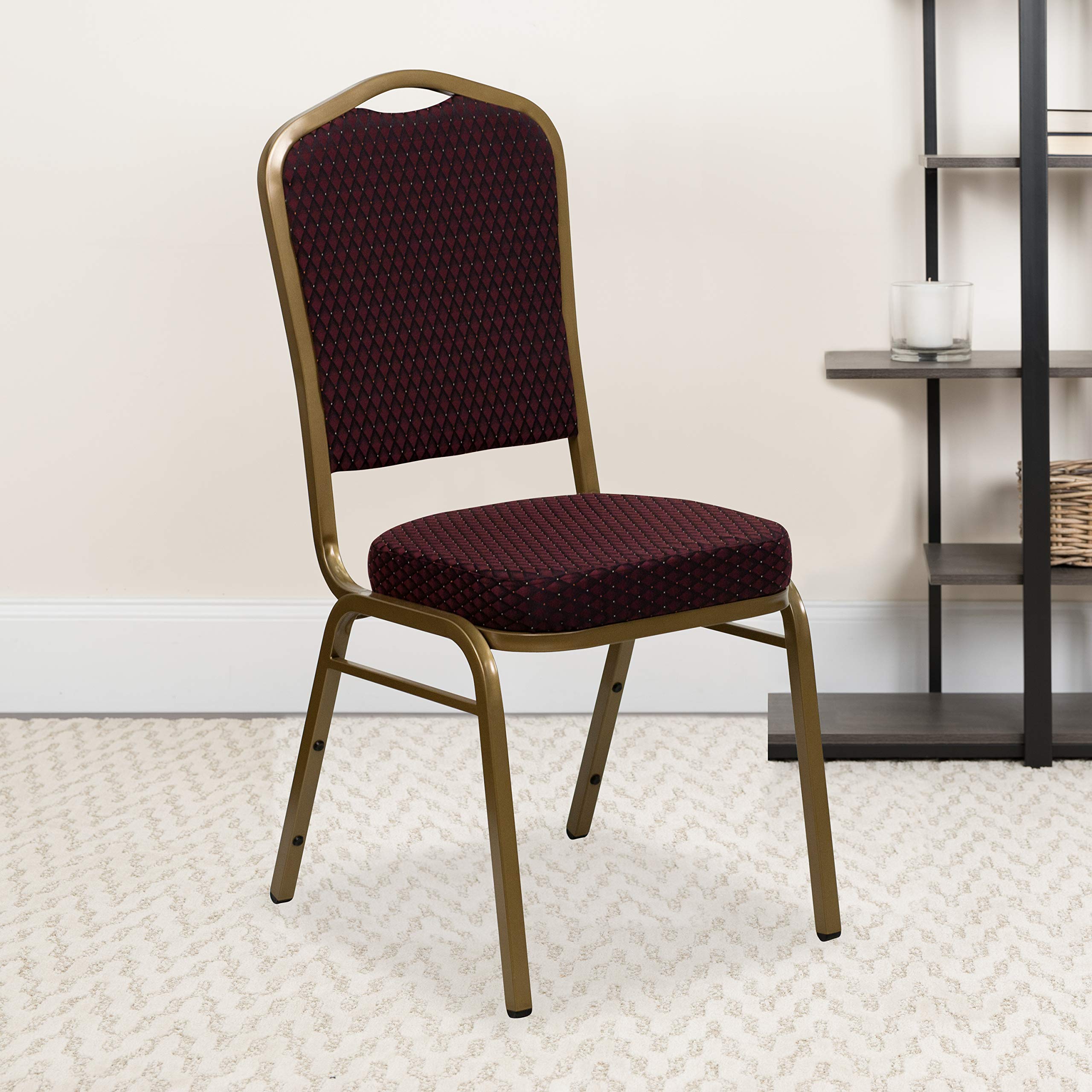 Flash Furniture HERCULES Series Crown Back Stacking Banquet Chair in Burgundy Patterned Fabric - Gold Frame