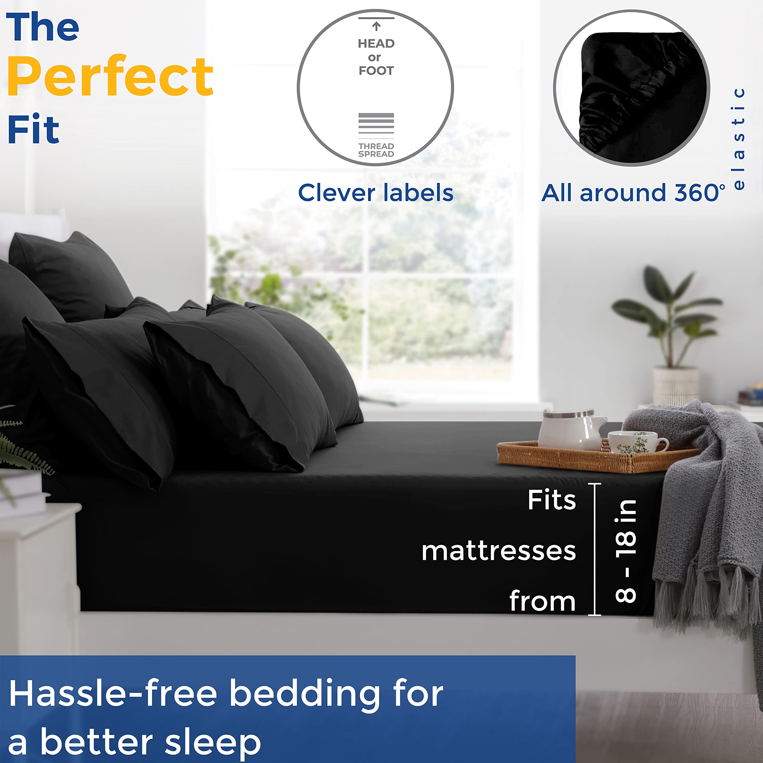 Thread Spread Luxury Sheets 600 Thread Count - Egyptian Cotton Quality Split King Size Sheet Set - Deep Pocket Fitted Bedding Sheets & Pillowcases - 4 Pc Breathable - Black Sheets For Boys & Girls