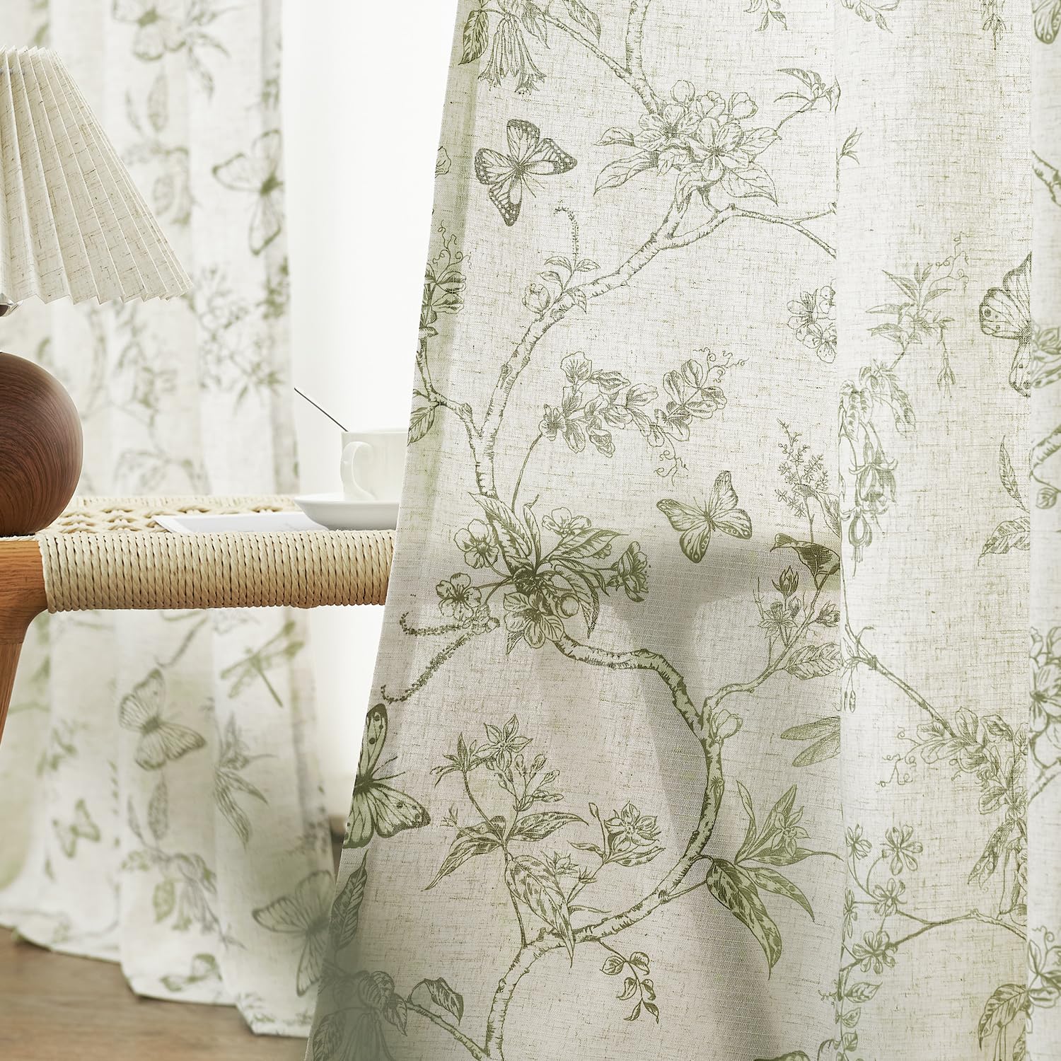 Lazzzy Farmhouse Linen Curtains - 108" Back Tab Drapes, 50"W, Green on Beige, Light Filtering, 2 Panels for Living Room/Bedroom