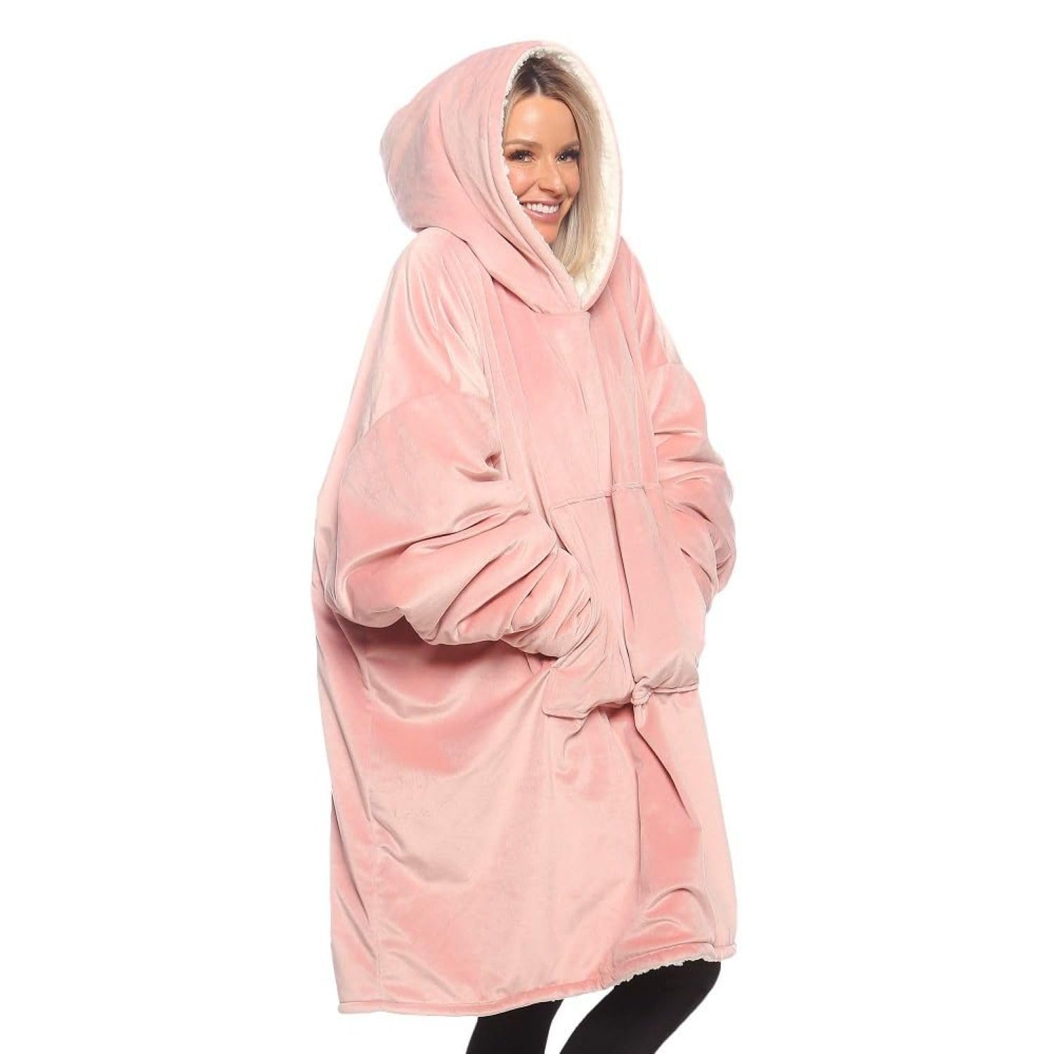 THE COMFY Wearable Blanket Sherpa Lined Microfiber Fleece Oversized Hood Pocket Blush