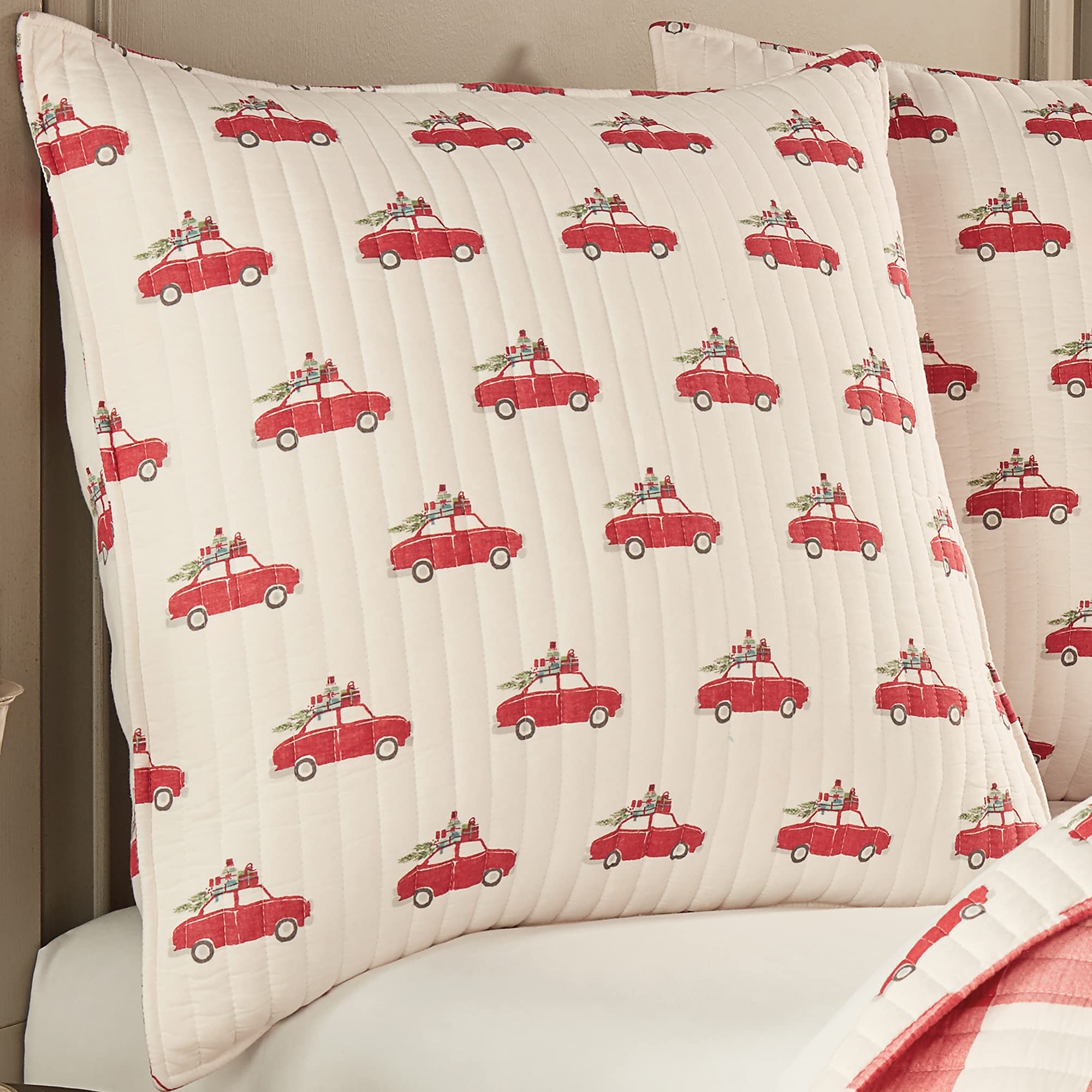 Levtex Home - Road Trip - Euro Sham Set Of Two - (26X26In.), No Insert -Cars Carrying Christmas Trees - Red, White, Green