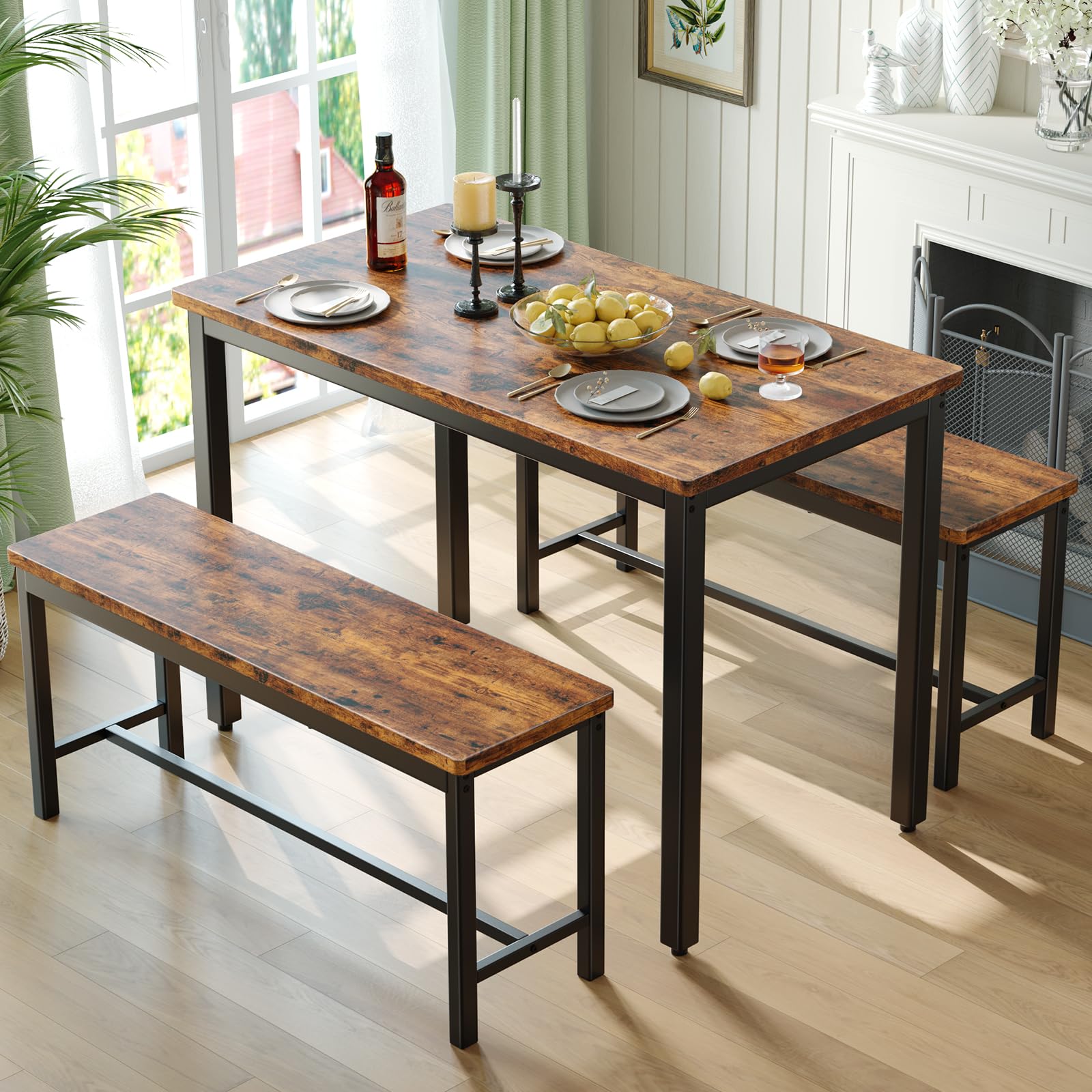 Tatub Dining Table Set for 4, 3-Piece Kitchen Table with 2 Benches, Space-Saving Dining Room Set for Breakfast Nook and Small Sp