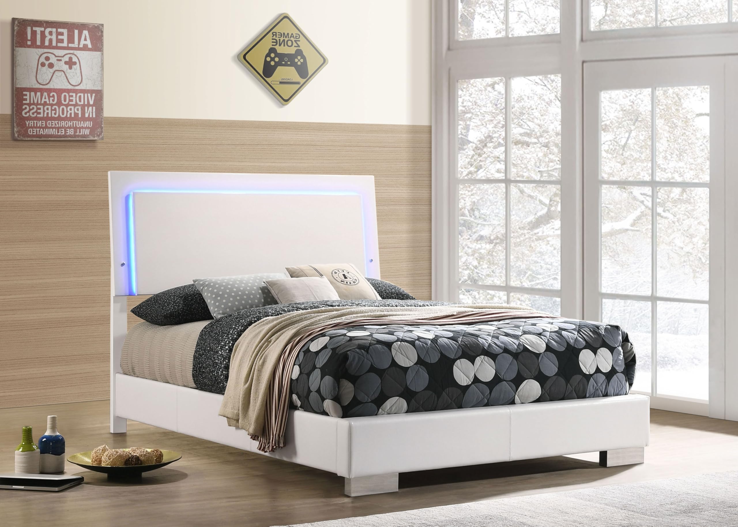 Coaster Home Furnishings Felicity Contemporary Leatherette Upholstered Full Size LED Panel Bed Frame 49-inch Headboard White High Gloss 203500F