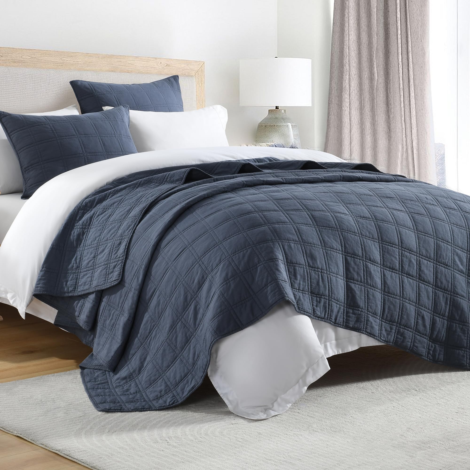 Horimote Home 100% Cotton Quilt Set Twin Size, Denim Blue Pre-Washed Bedspreads Coverlet Set In Geometric Pattern, Cozy Lightwei