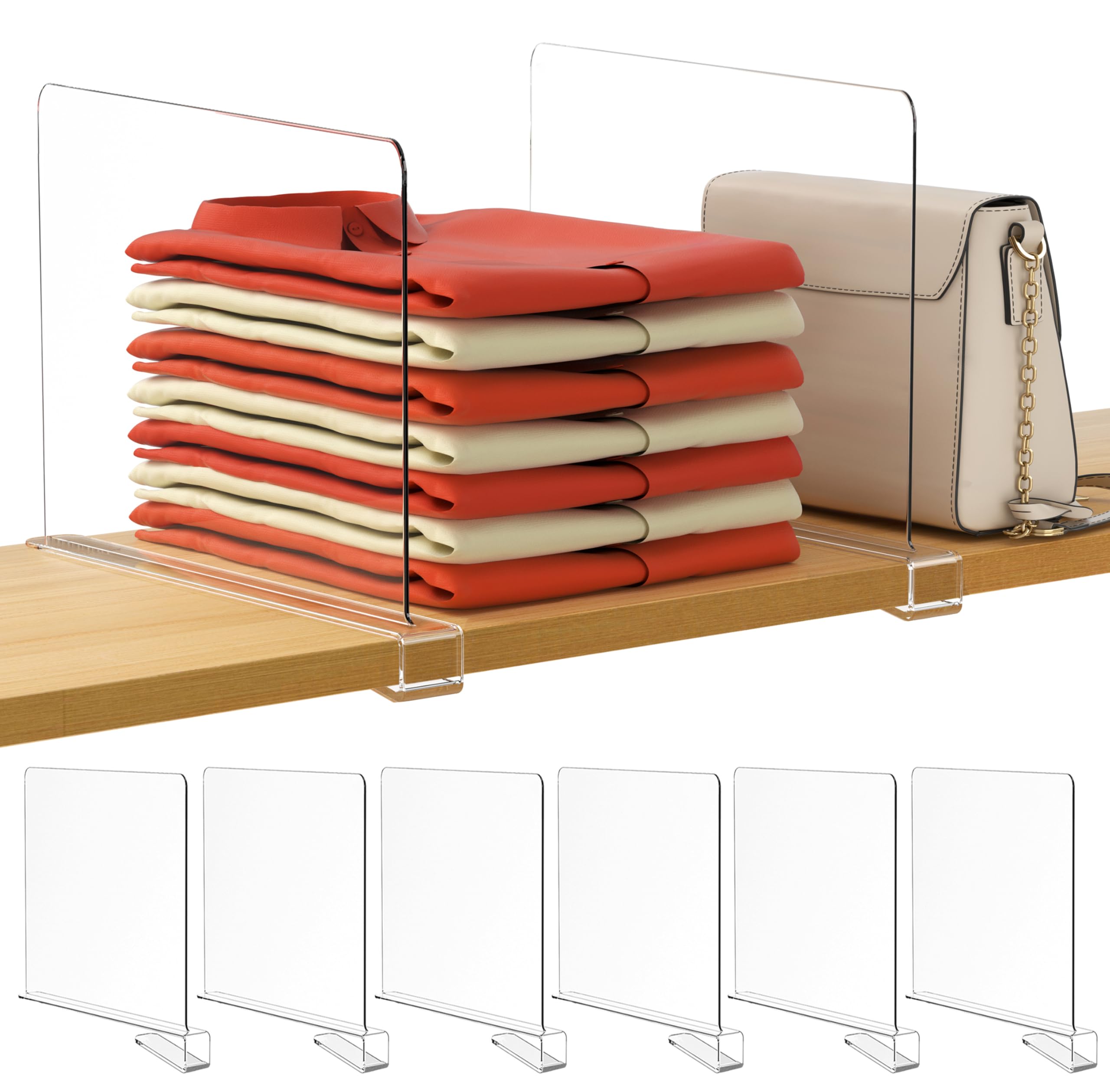 Hblife 12 Inches Tall [Extra Tall Version] Clear Shelf Dividers, 6 Pack Purse Organizer For Closet Perfect For Sweater, Shirts, Handbags, Acrylic Adjustable Bookshelf For Organization