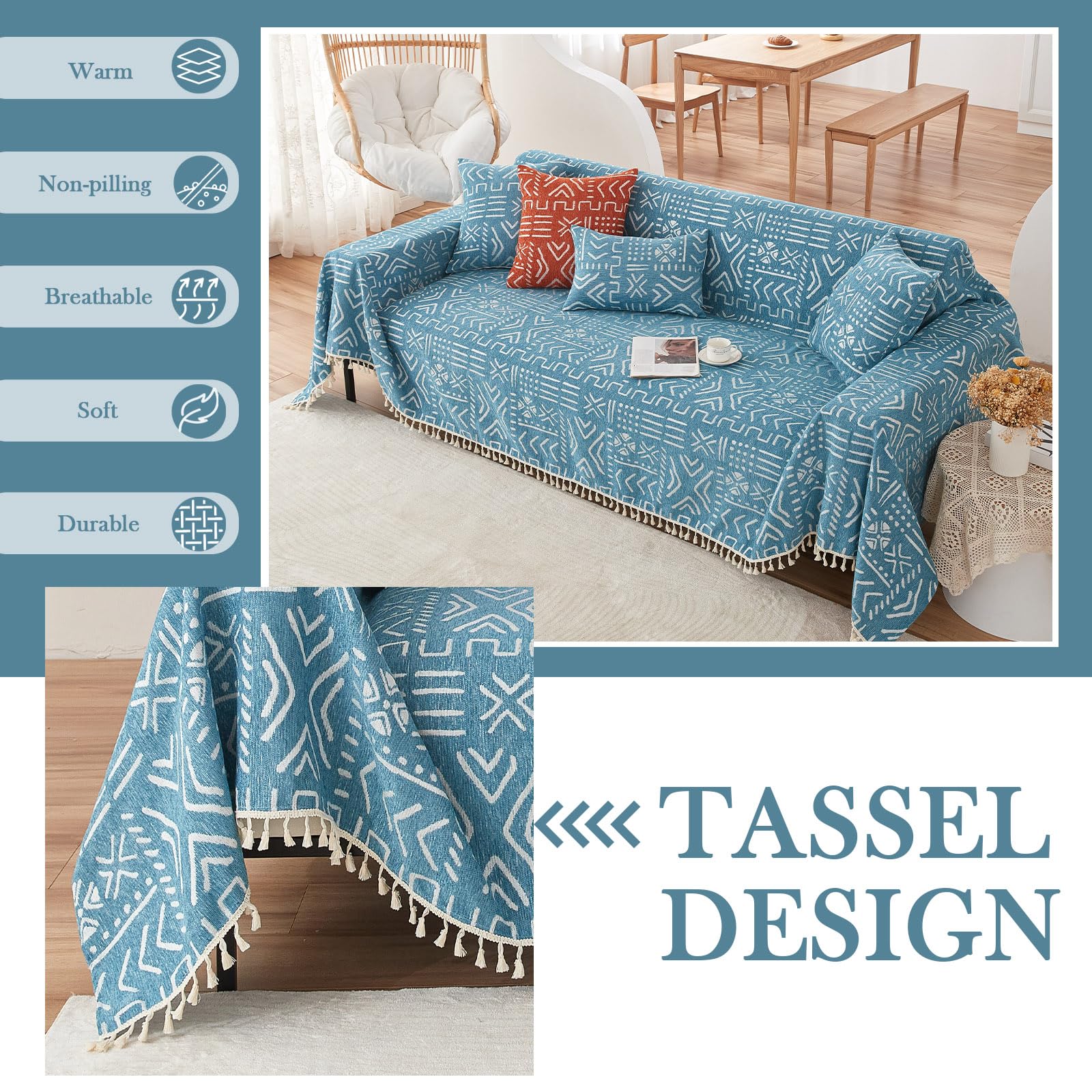 Handontime Turquoise Couch Protector For Dogs Boho Tassel Blue Couch Cover Farmhouse Sofa Covers Aztec Tribal Couch Covers For 3 Cushion Couch Sofa Universal Sofa Slipcover For Home Décor, 71' X134'