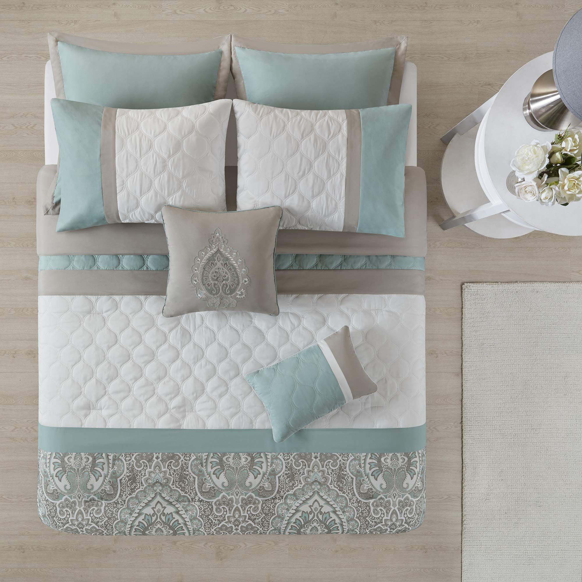 510 Design Luxe Quilted Comforter Set Modern Transitional Design, All Season Down Alternative Warm Bedding Matching Shams, Bedskirt, Decorative Pillow, Cal King, Shawnee Scrollwork Seafoam