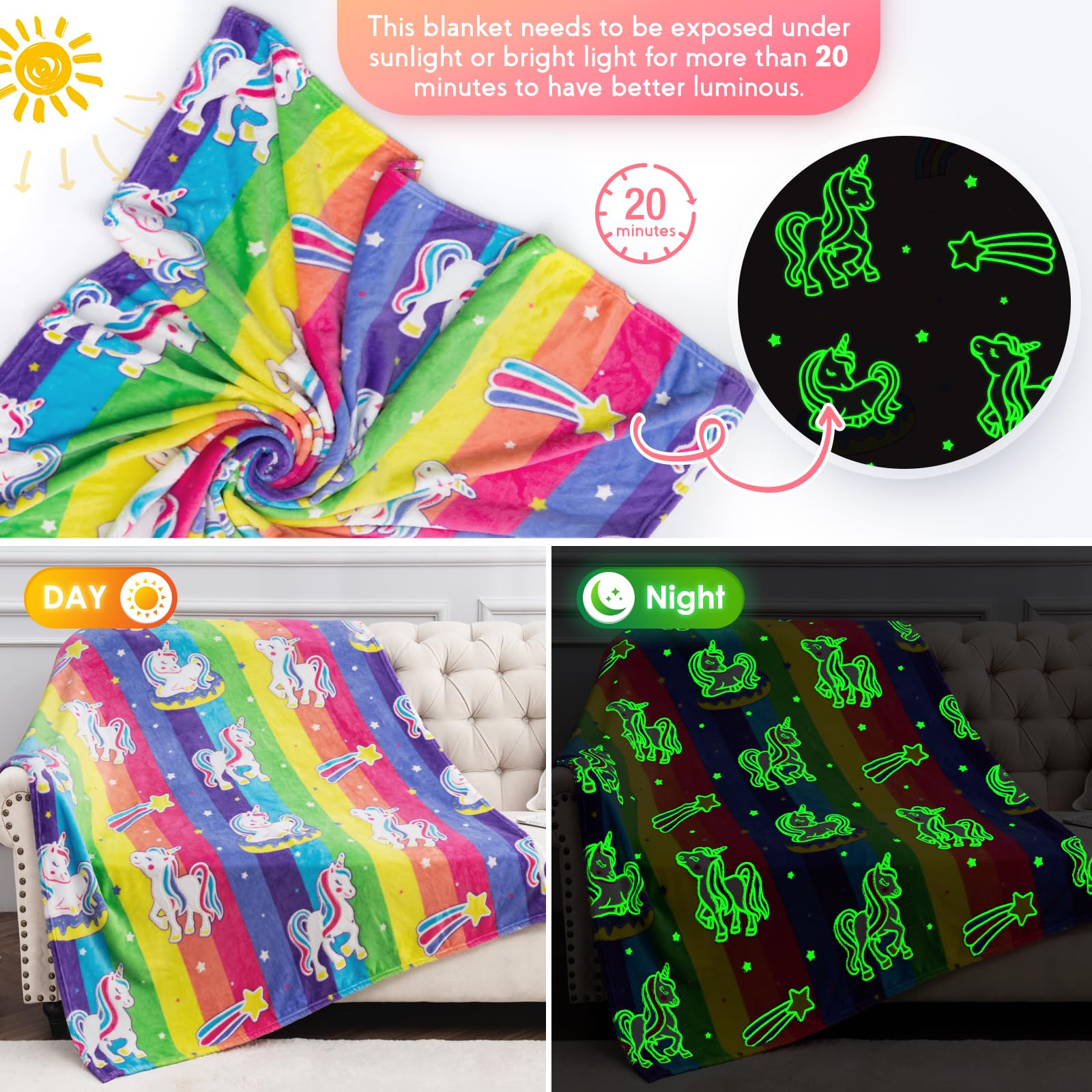 Unicorn Gifts Toys For Kids Girls - Glow In The Dark Blanket Birthday Christmas Halloween Presents Rainbow Donut Throw For Age 1 2 3 4 5 6 7 8 9 10 12 13 Years Old Teen Child Toddler Colorful 50'X60'