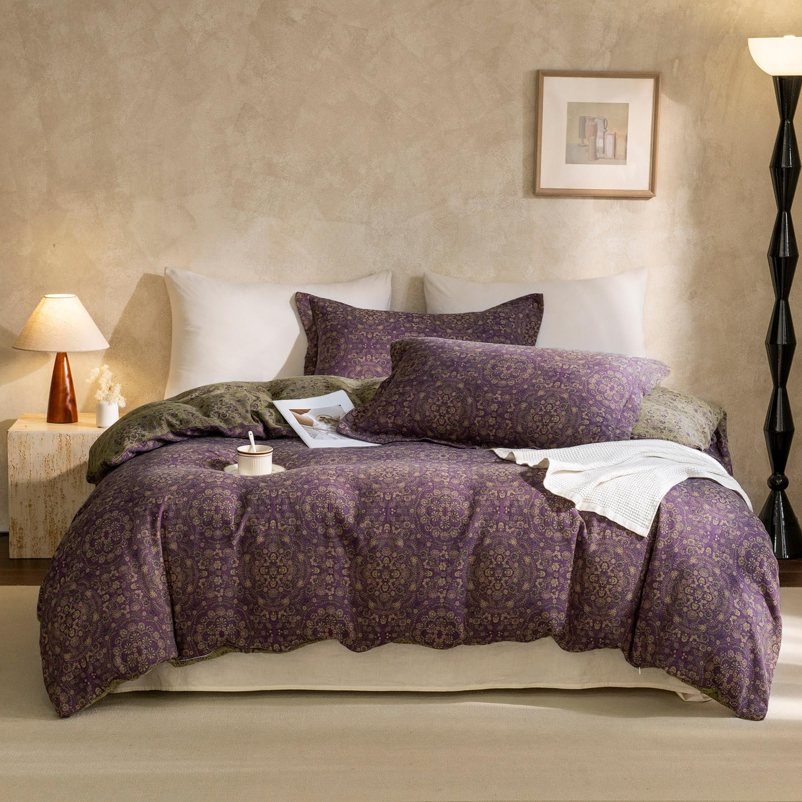 Eavd Soft 100% Cotton Muslin Yarn-Dyed Jacquard Textured Duvet Cover Queen Chic Shabby Purple Floral Duvet Cover With Zipper Clo