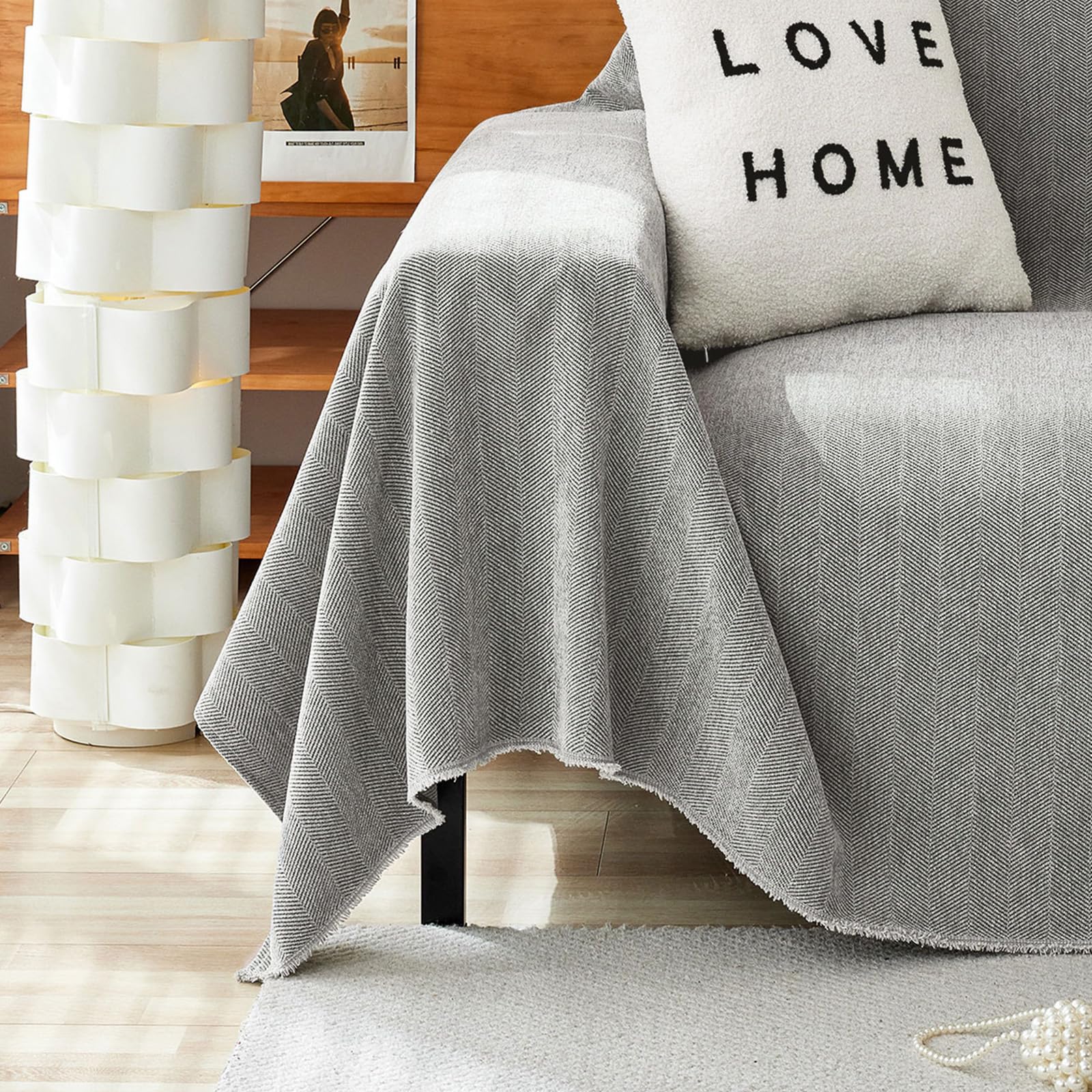 Handontime Couch Slipcovers For Sofas Dark Grey Couch Cover Sofa Cover For Dogs Boho Pet Couch Protector With Tassel Couch Throw Cover Chenille Herringbone Couch Cover Sofa 2 3 Seat Cover, 91' X134'