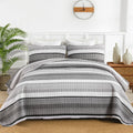 Djy Grey Striped Quilt Set Queen Size, Gray Stripe Boho Patchwork Bedspread Coverlet Set Soft Microfiber Bohemian Quilt Bedding