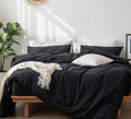 Moomee Bedding Duvet Cover Set 100% Washed Cotton Linen Like Textured Breathable Durable Soft Comfy (Black, King)