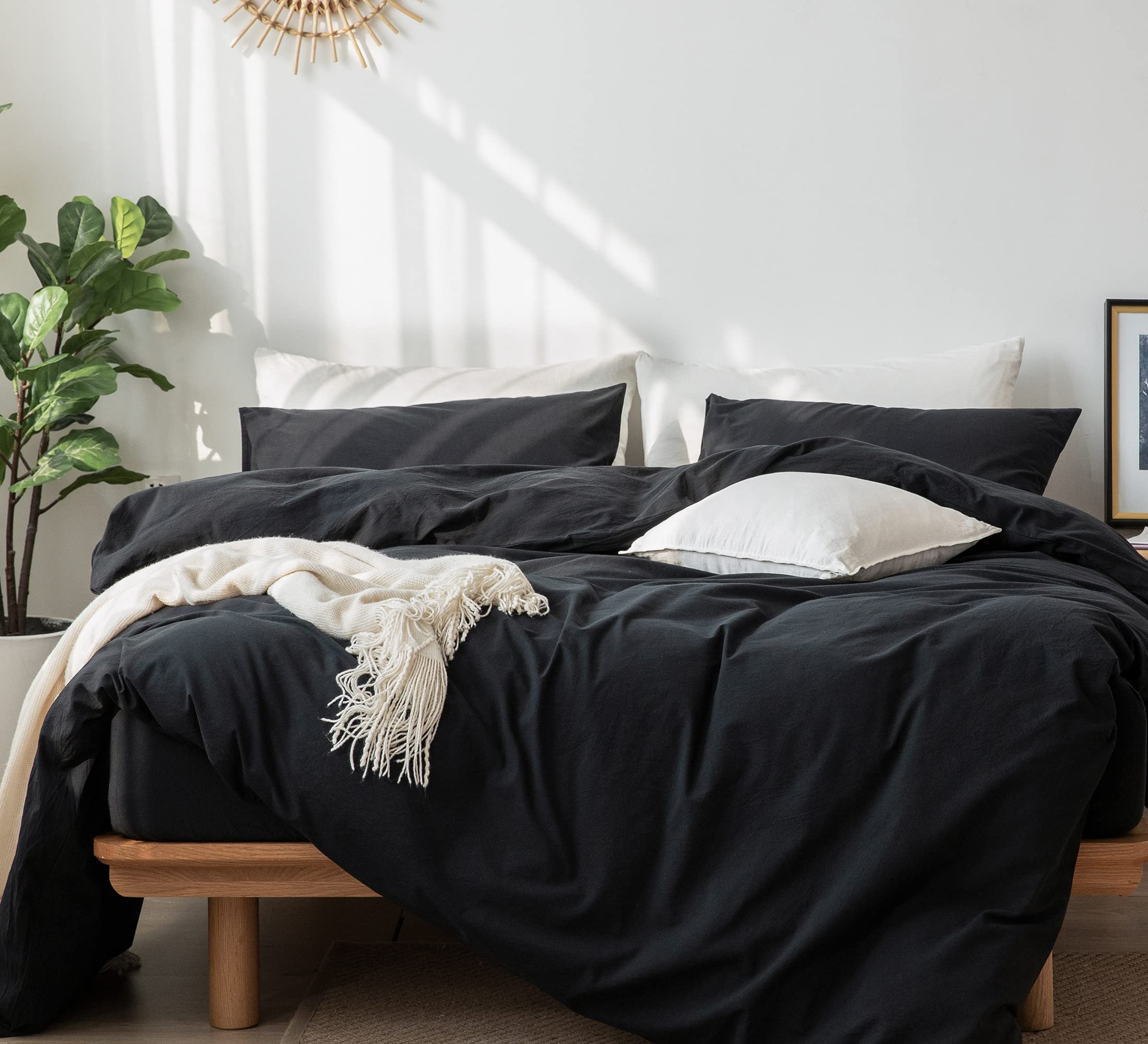 Moomee Bedding Duvet Cover Set 100% Washed Cotton Linen Like Textured Breathable Durable Soft Comfy (Black, King)