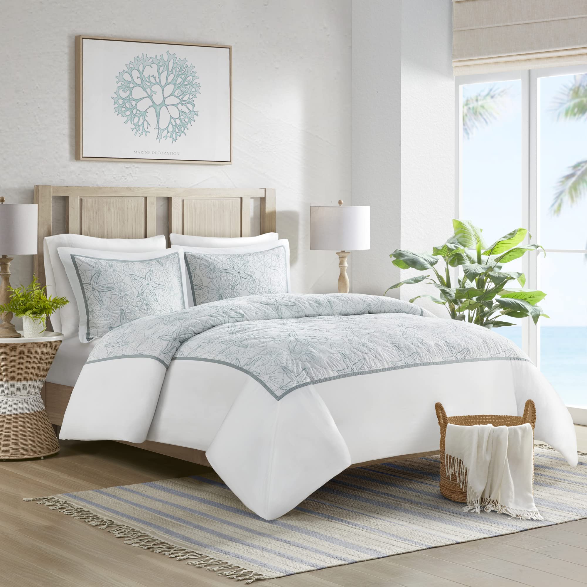 Harbor House 100% Cotton Duvet Cover, Embroidered Coastal Seashells, Starfish Duvet Cover Set – Light Weight Bed Comforter Covers, Maya Bay White Blue King/Cal King (106'X90') 3 Piece