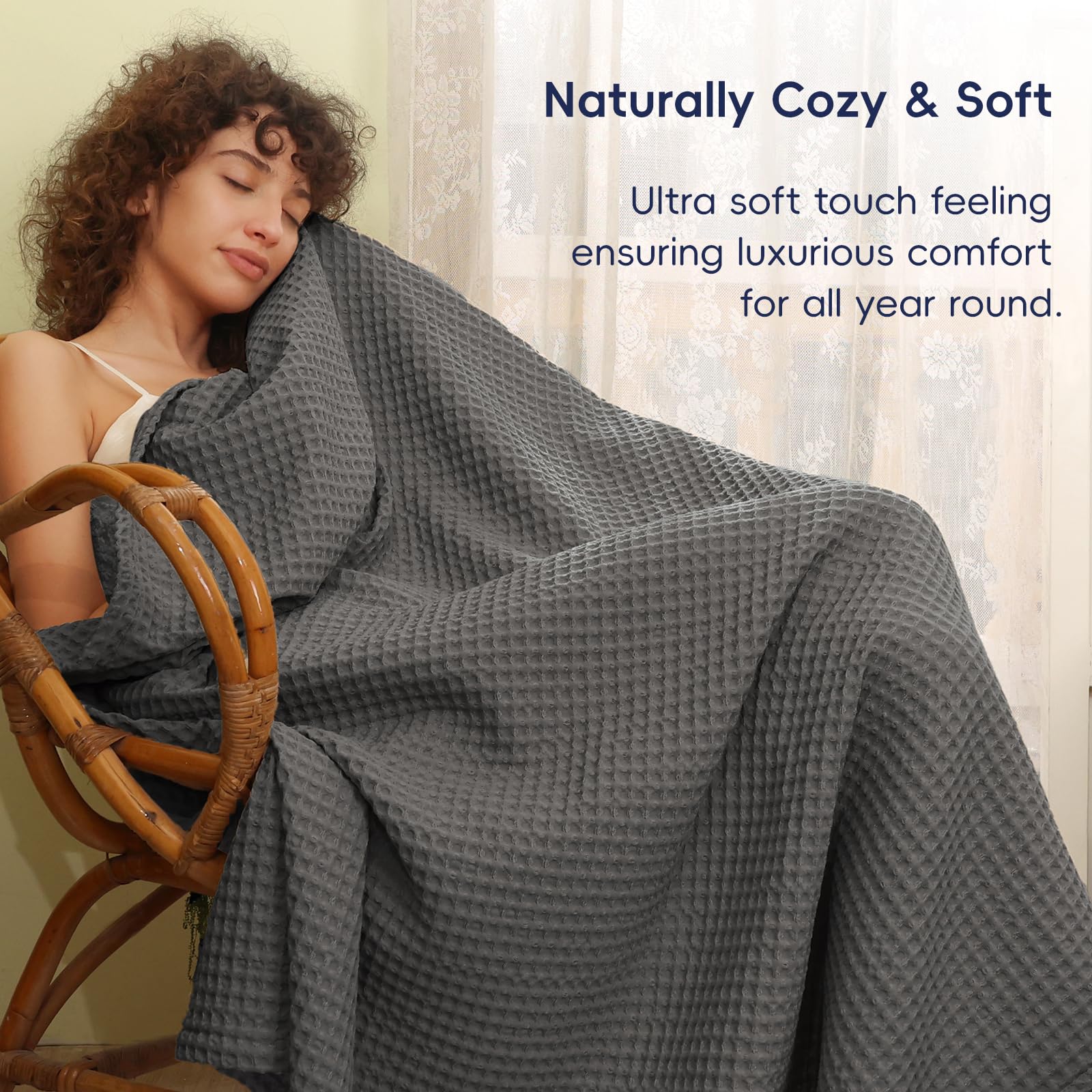 Phf Ultra Soft Waffle Weave Blanket Queen Size 90'X 90'- Washed Lightweight Breathable Cozy Woven Blanket For Bed - Aesthetic Decor For Couch Bedding Sofa Home Car - Grey