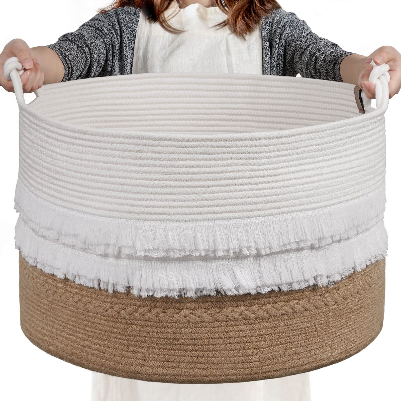Cherrynow Large Wicker Laundry Basket For Entryway, Bedroom, Jute Decorative Basket For Clothes, Toys, Portable Towel Basket For Bathrooom, 22 X 14 Inches, 83L, White & Camel