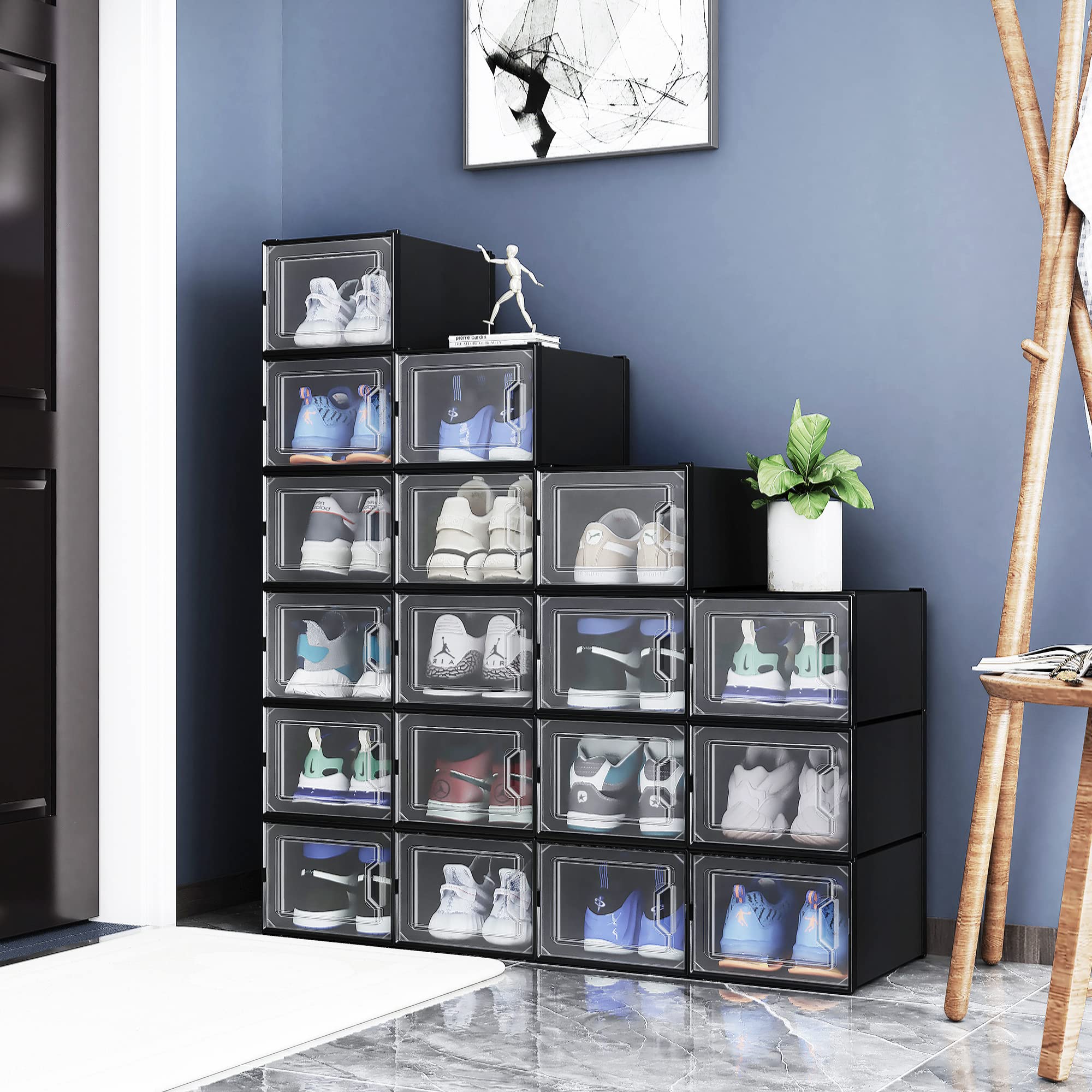 YITAHOME XL Shoe Storage Box Set of 12 - Stackable Organizers, Black, Polypropylene & ABS