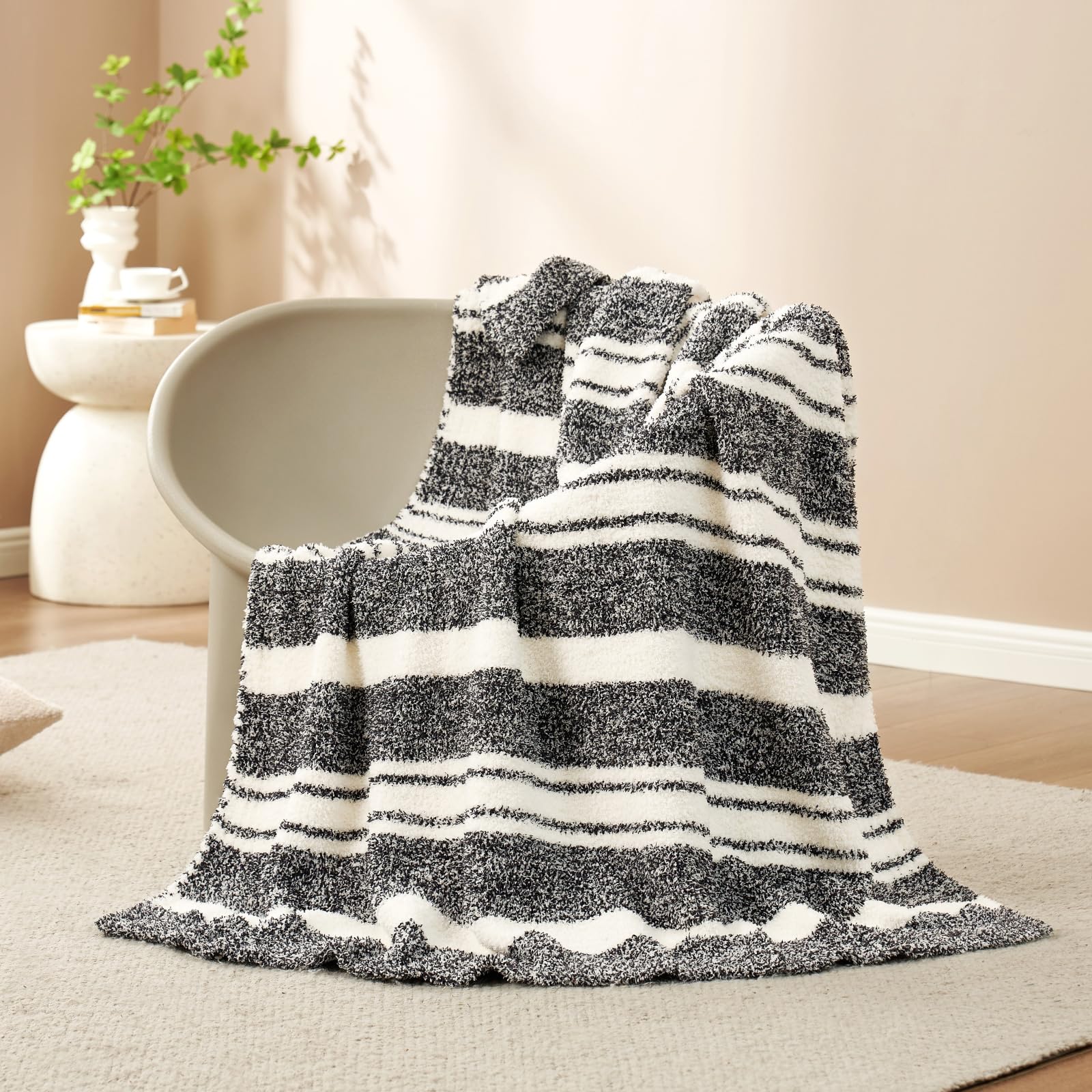 Snuggle Sac Stripe Black Throw Blanket For Couch, Reversible Super Soft Warm Blankets Cozy Knit Fuzzy Plush Lightweight Throws F