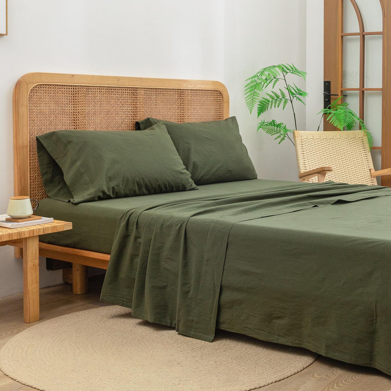 Bestouch Sheet Set 100% Washed Cotton Linen Feel Super Soft Comfortable Chic Lightweight 3 Pcs Home Bedding Set Solid Olive Gree