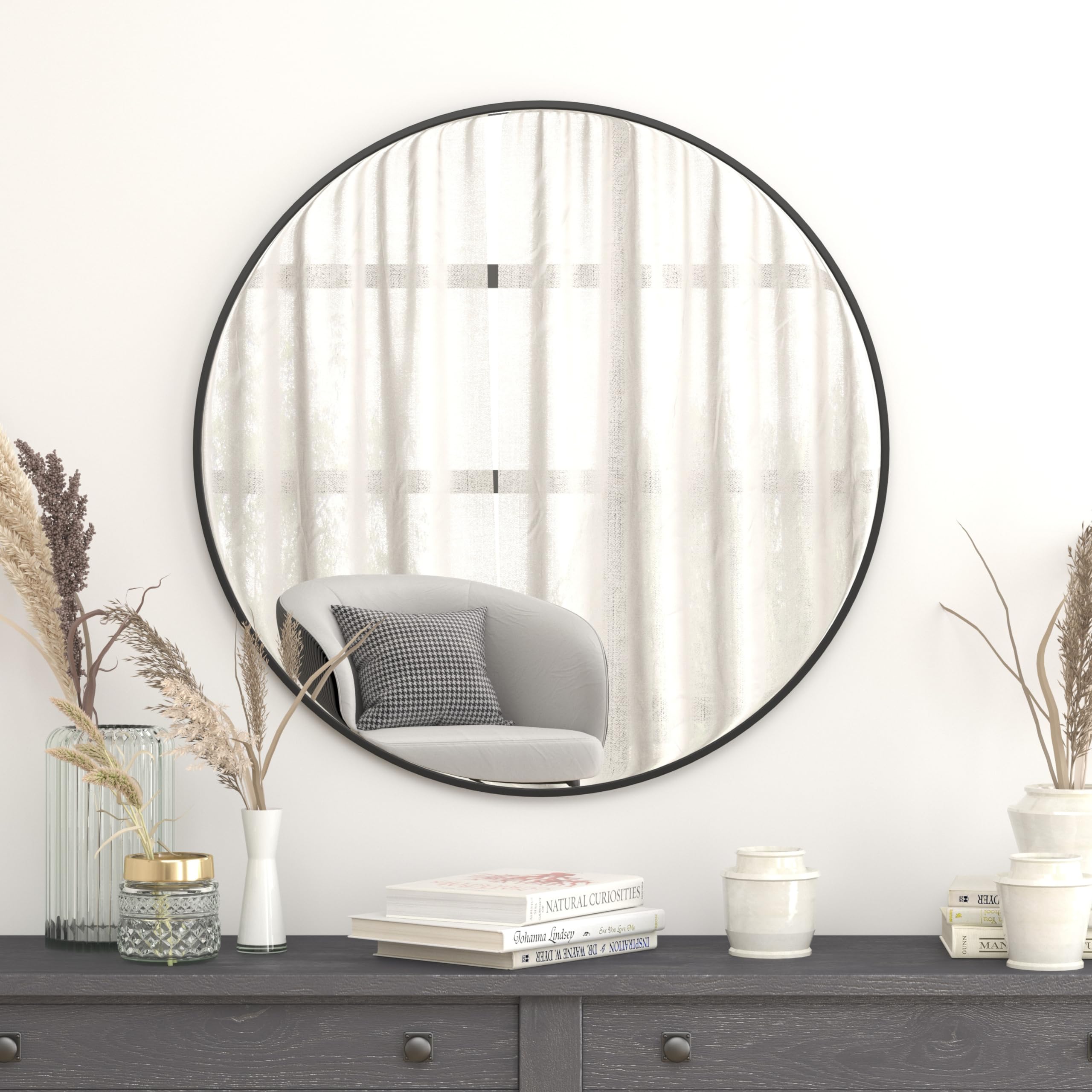 Flash Furniture Large Round Wall Mirror - Black Circle Accent Mirror - 36 Vanity Mirror - for Bathroom, Vanity, Entryway, Dining