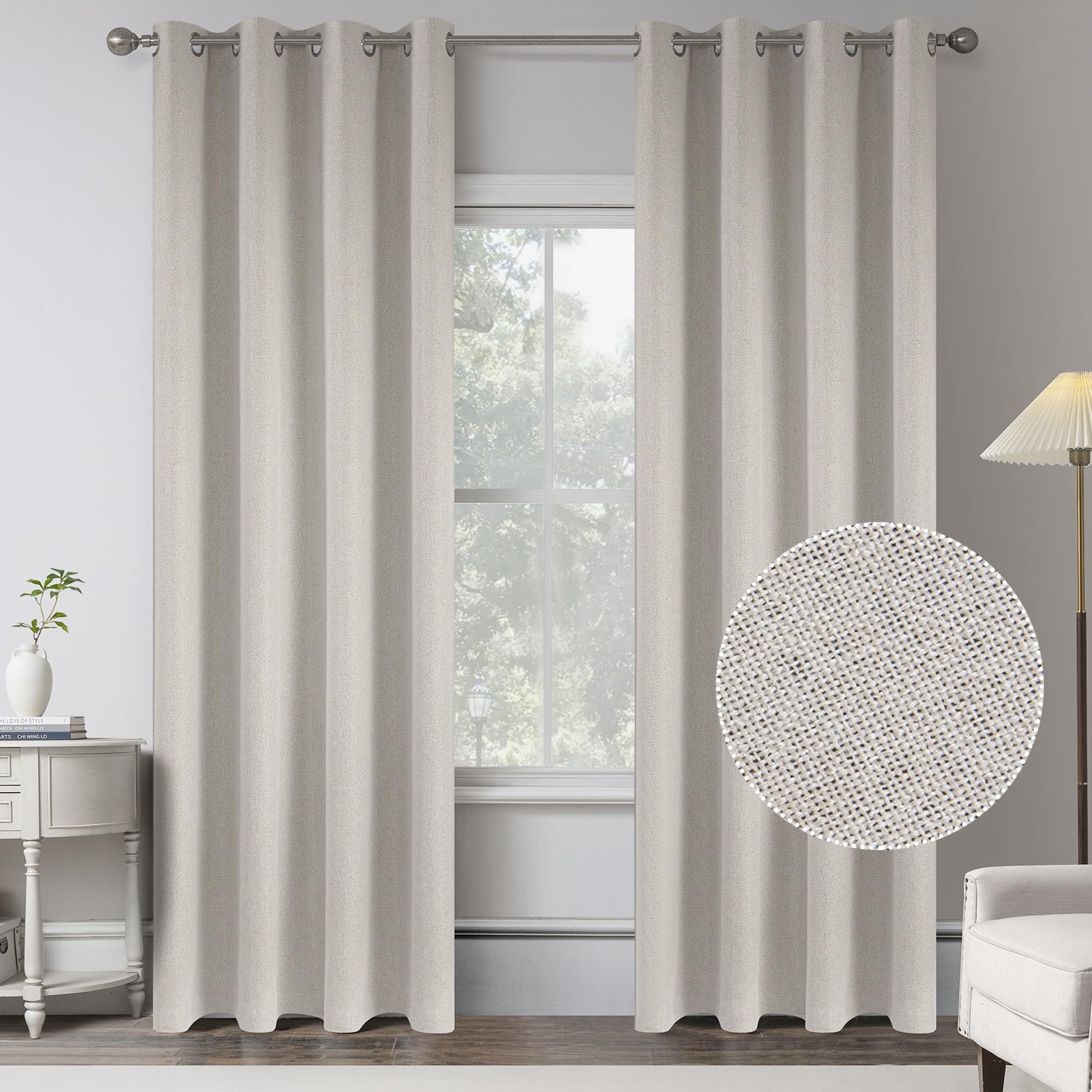 Keqiaosuocai Beige 100% Blackout Linen Curtains 90 Inches Long 2 Panels For Bedroom,Modern Farmhouse Full Black Out Room Darkeni