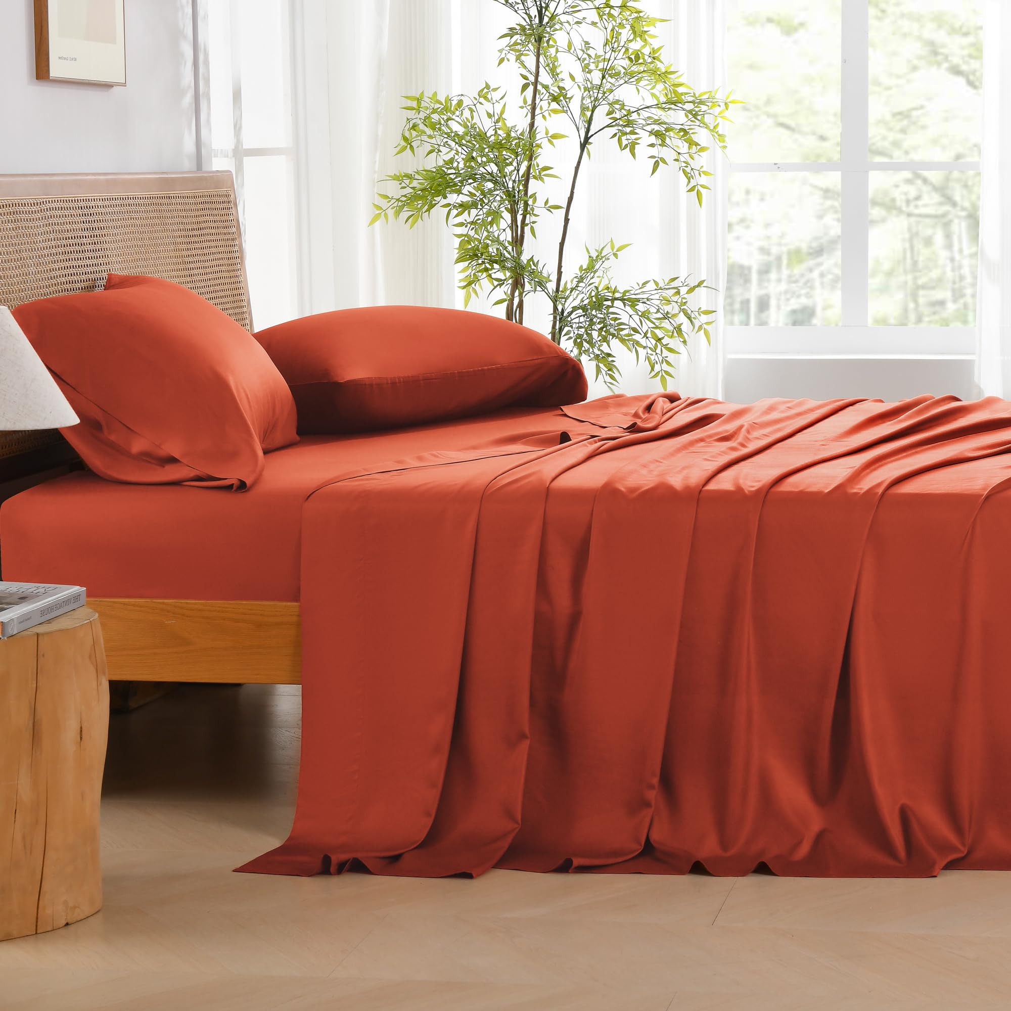 Andency Orange Full Size Bed Sheets, 100% Viscose Derived From Bamboo, Cooling Full Sheets, Deep Pocket Up To 16', Silky Soft Bed Sheets, Hotel Luxury Breathable Bedding Sheets & Pillowcases…