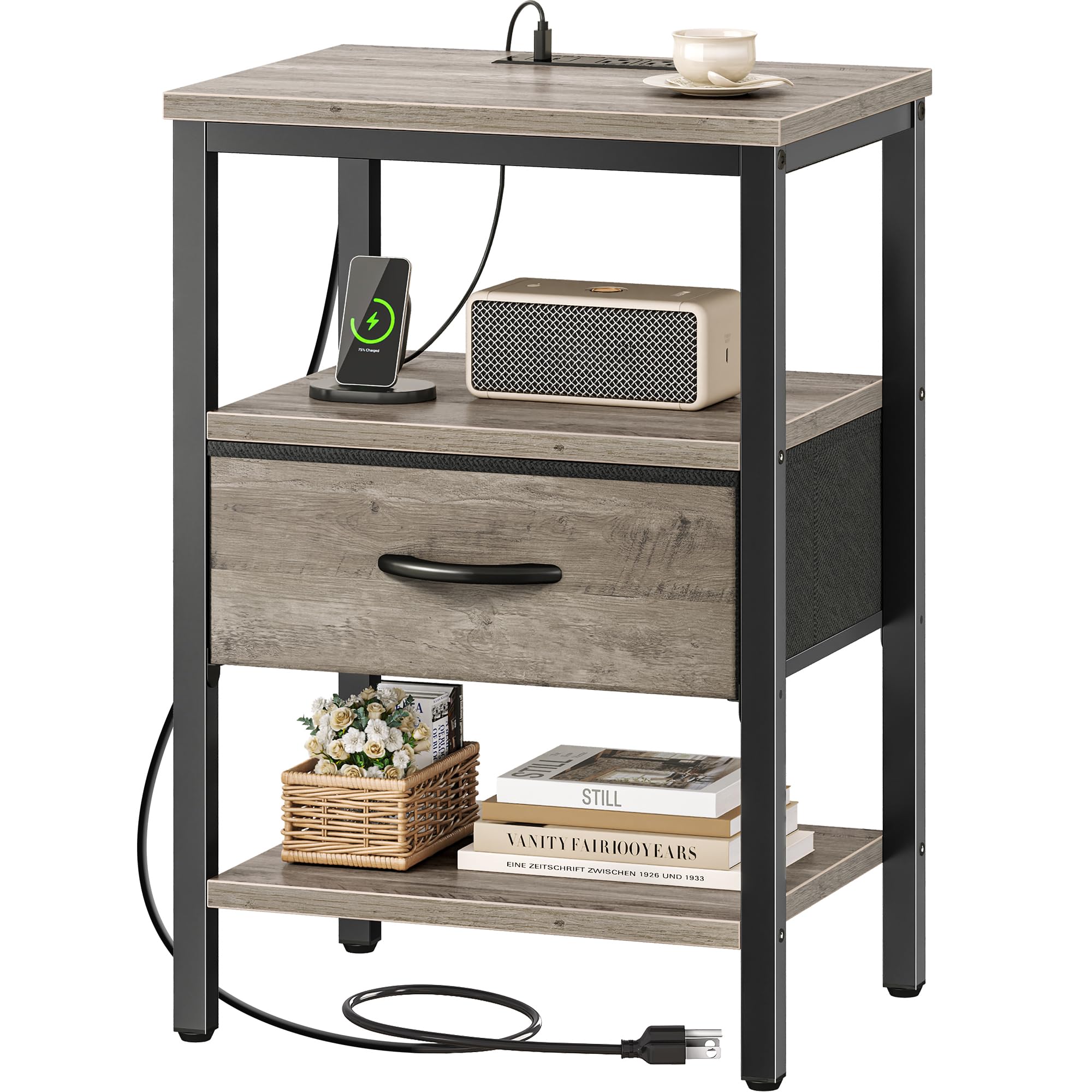 SUPERJARE Nightstand with Charging Station, Bed Side Table with Adjustable Fabric Drawer, Night Stand for Bedroom, 3-Tier Storag