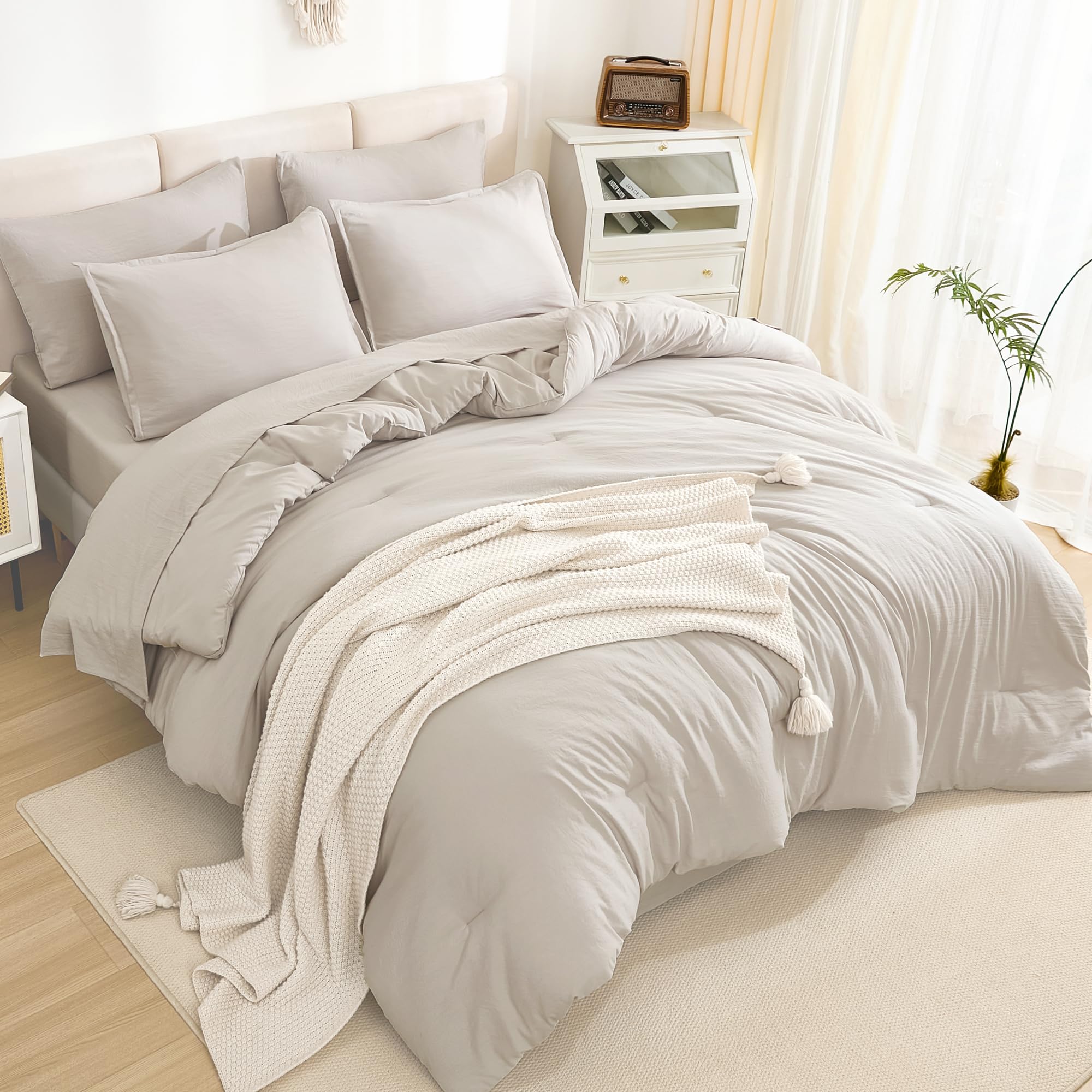 Litanika California King Comforter Set Linen - 7 Pieces Bed In A Bag Cal King Beddding Comforter Sets, Plain Lightweight Bed Set