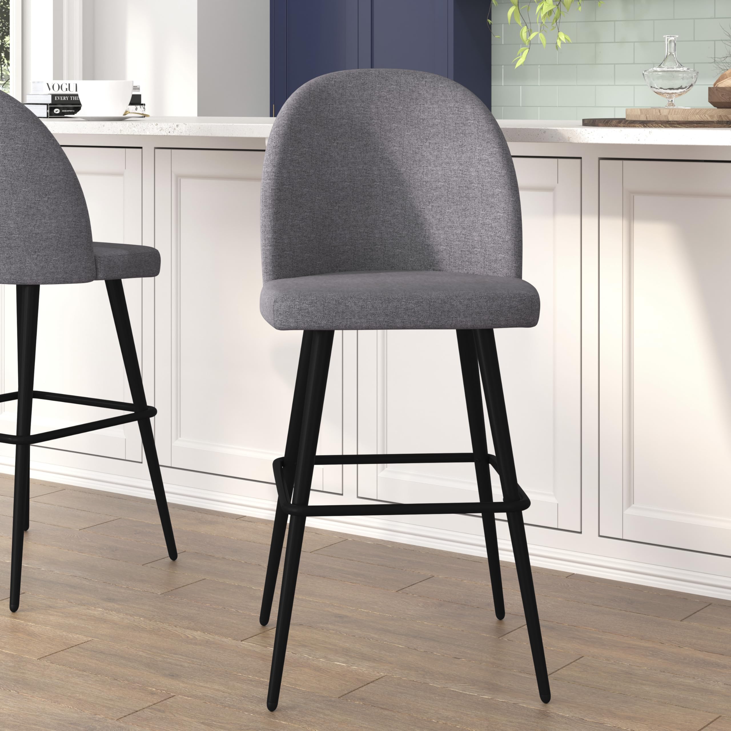 Flash Furniture Lyla Commercial Grade Modern Armless Barstools - Gray Faux Linen Upholstery - 30" Barstool - Contoured Backrest - Steel Frame & Footrest - Set of 2