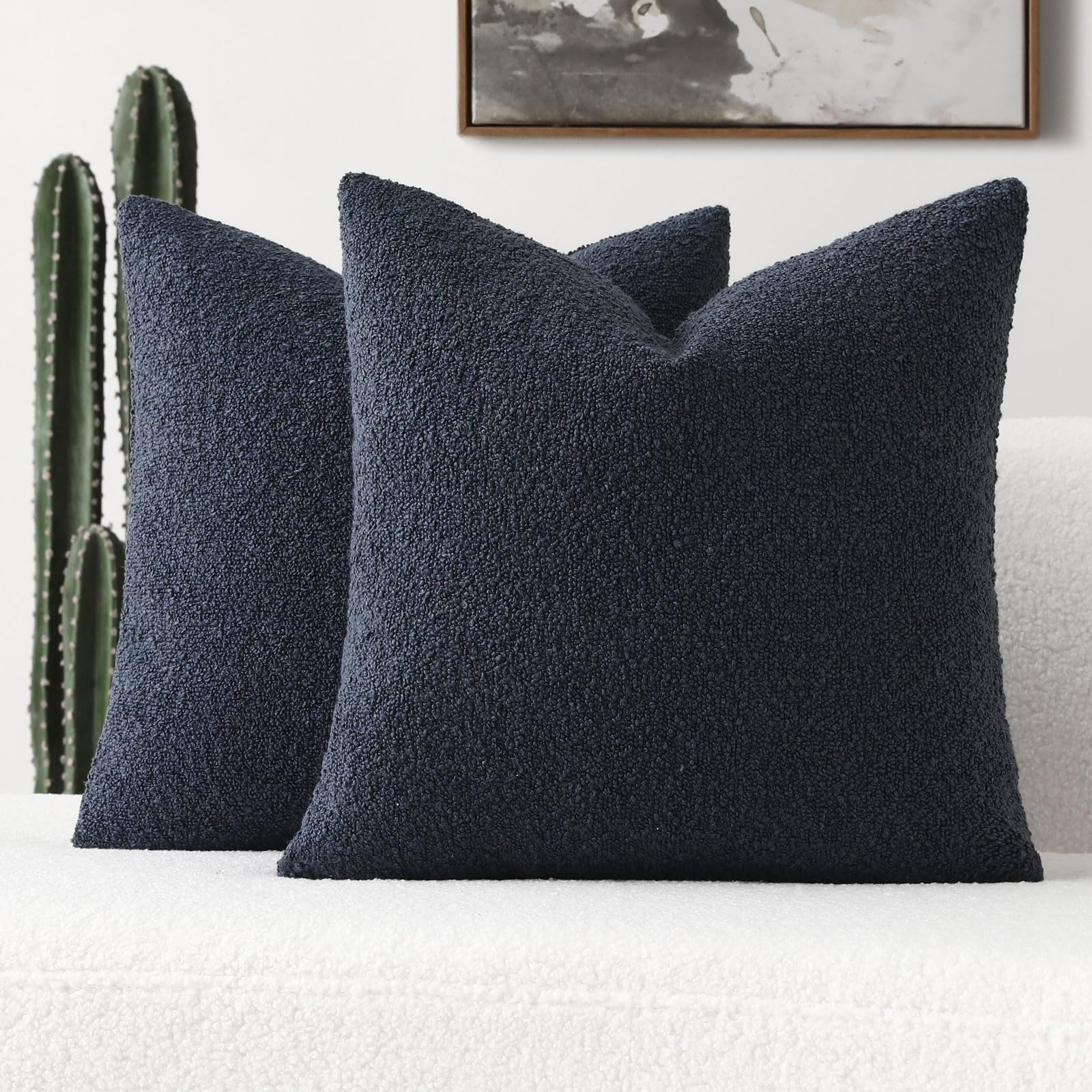 Futei Pack Of 2 Navy Blue Boucle Accent Decorative Throw Pillow Covers,16X16 Inch Soft Solid Textured Cushion Case,Home Decor Fo