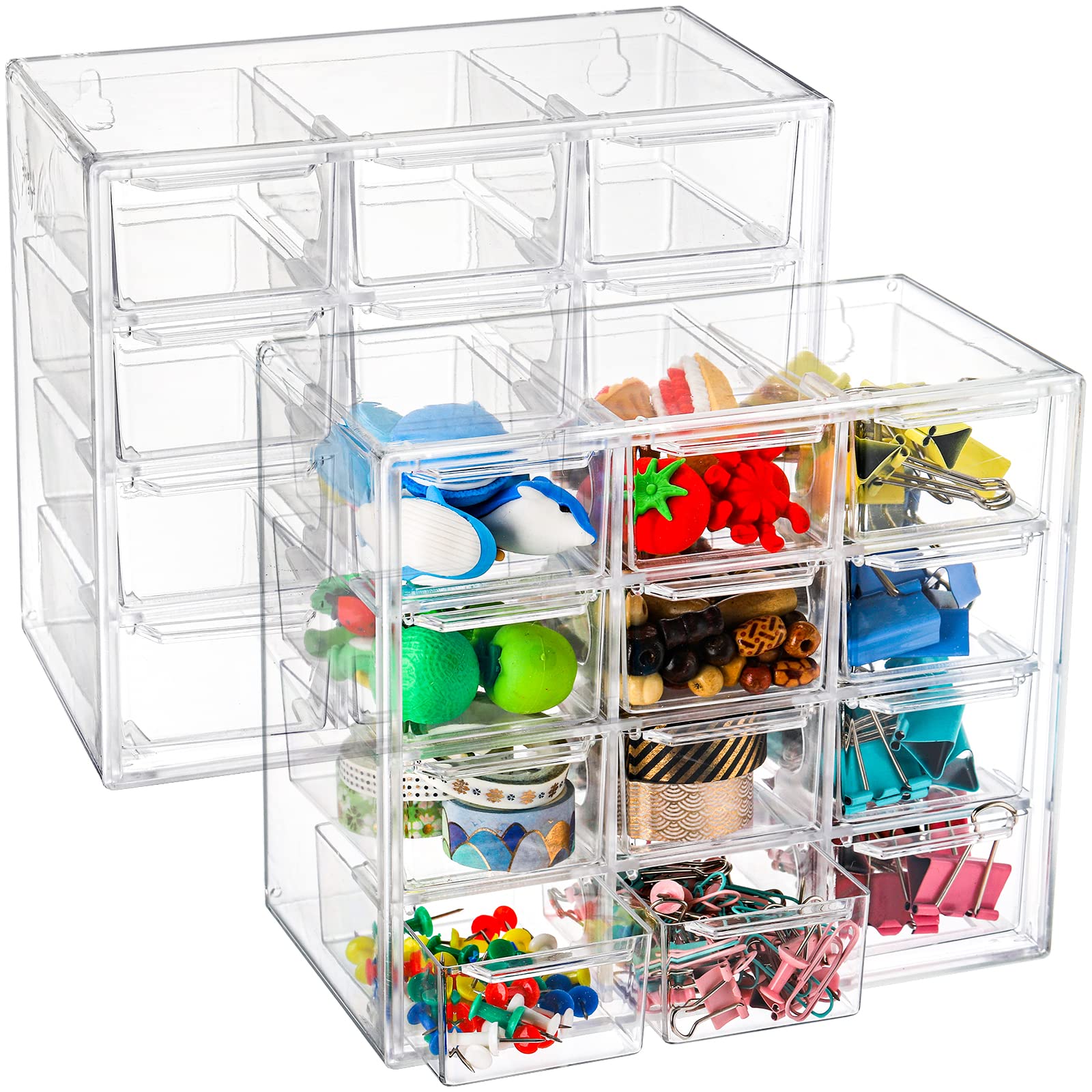 Youeon 2 Pack Mini Desk Organizer With 12 Removable Drawers, Clear Plastic Desktop Drawer Organizer, Desk Craft Storage Box For