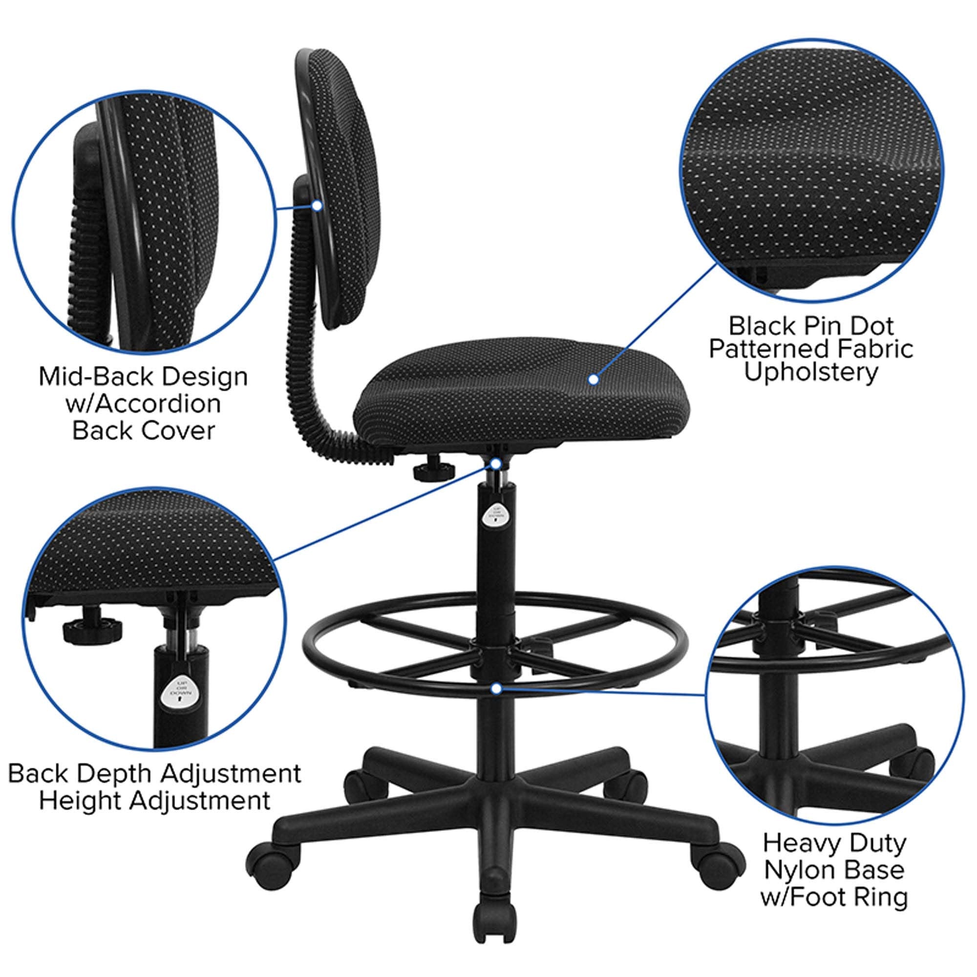 Flash Furniture Bruce Black Patterned Fabric Drafting Chair (Cylinders: 22.5''-27''H or 26''-30.5''H)