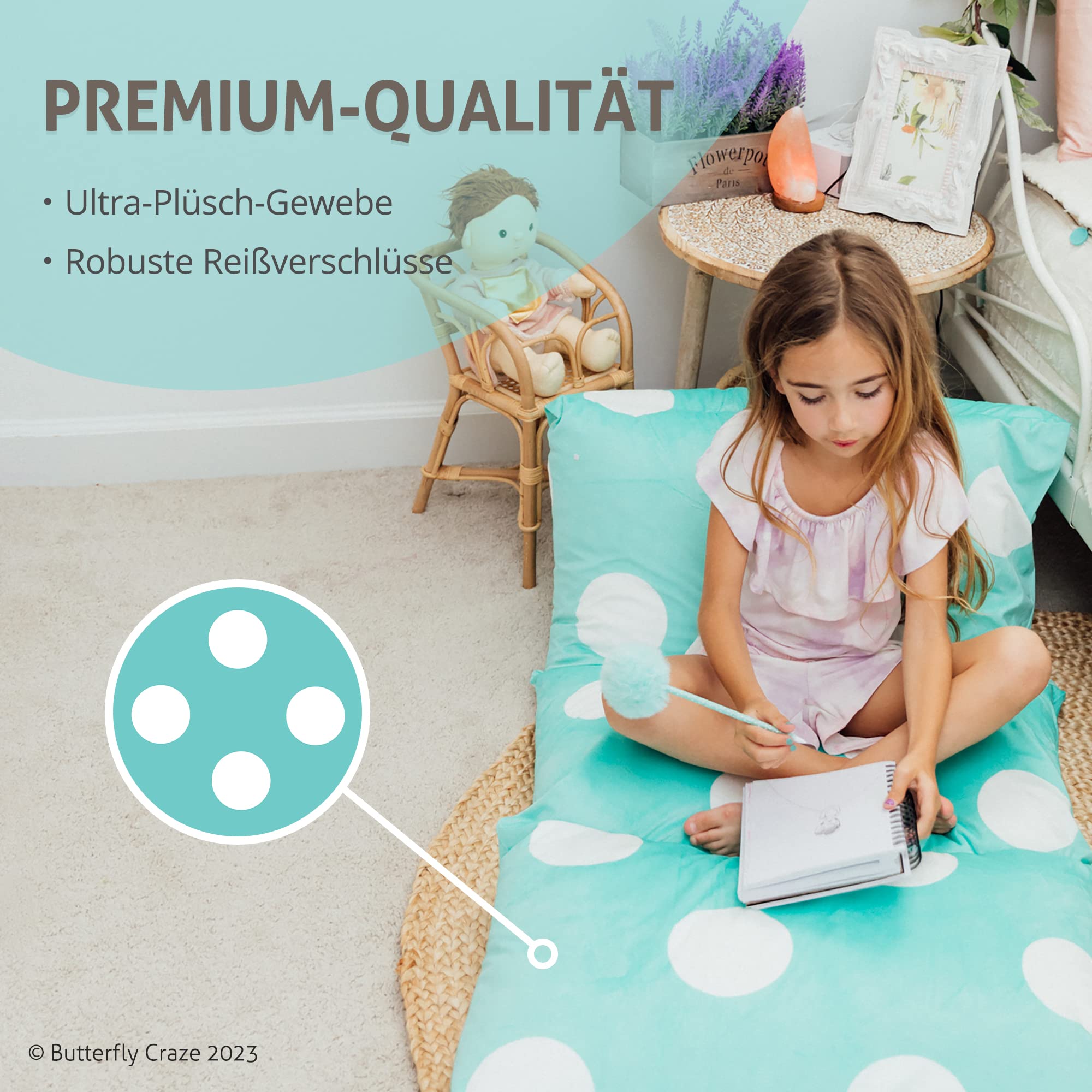 Butterfly Craze Floor Pillow Cover Queen Polka Aqua Lounger Cushion for Kids & Adults