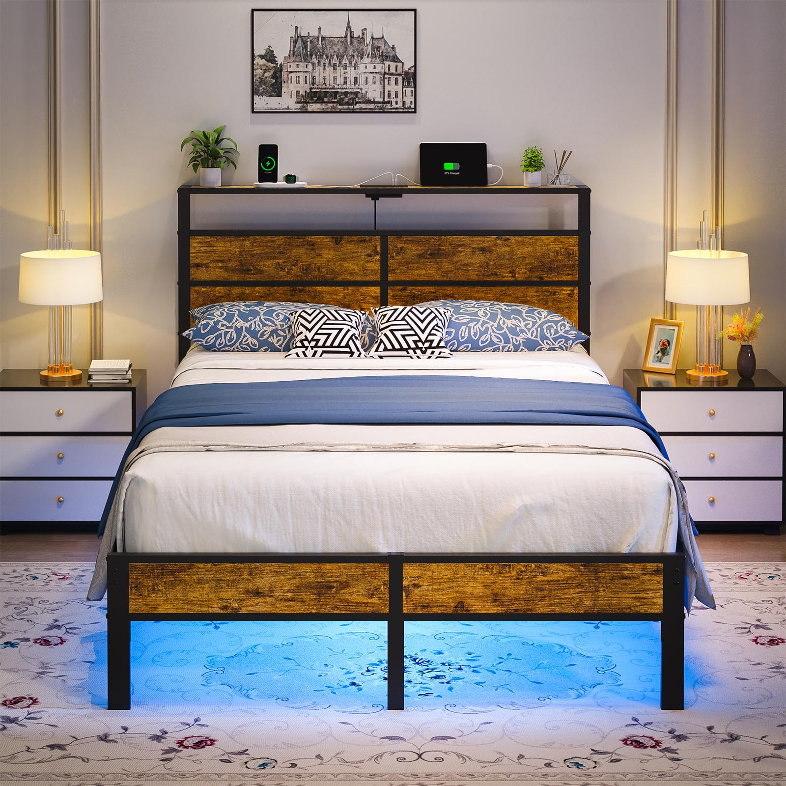 Full Metal Bed Frame with USB Charging Station, Headboard Storage, LED Lights, Noise-Free Design, No Box Spring Needed, Black