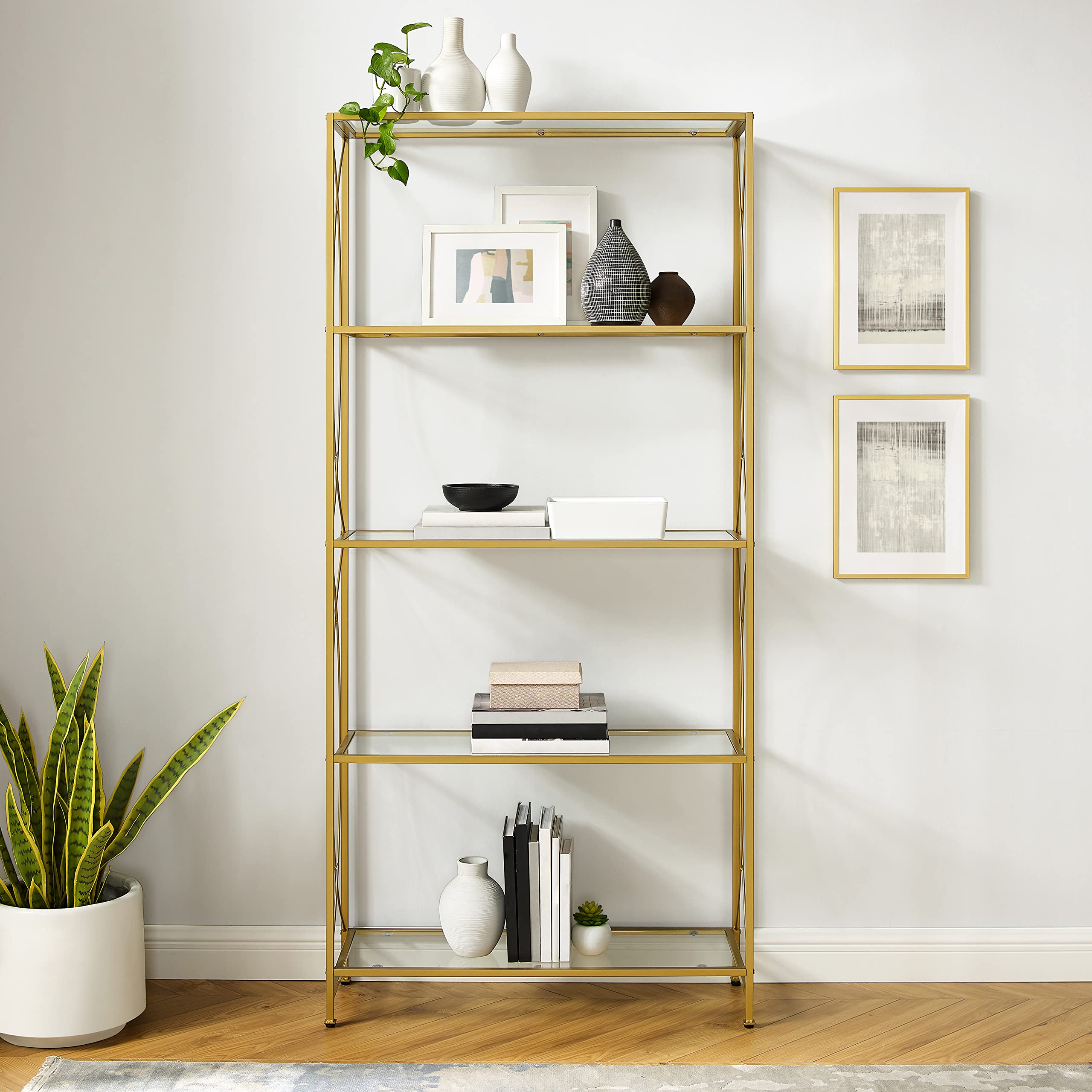 Crosley Furniture Helena Bookshelf With Glass Shelves, Bookcase Storage, Gold