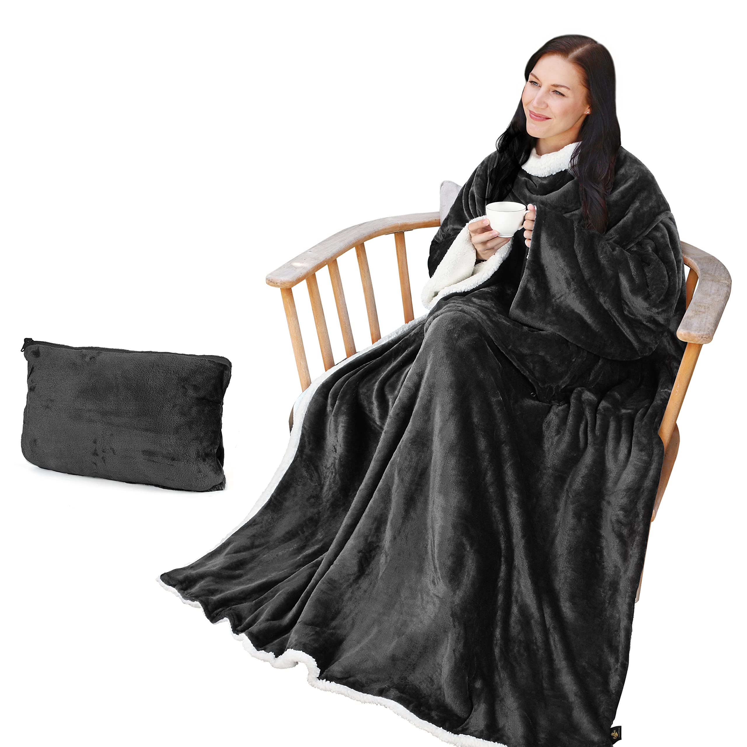 Catalonia Sherpa Wearable Blanket With Sleeves Arms, Super Soft Snuggly Body Blanket For Adult Women And Men, Portable, Gift For