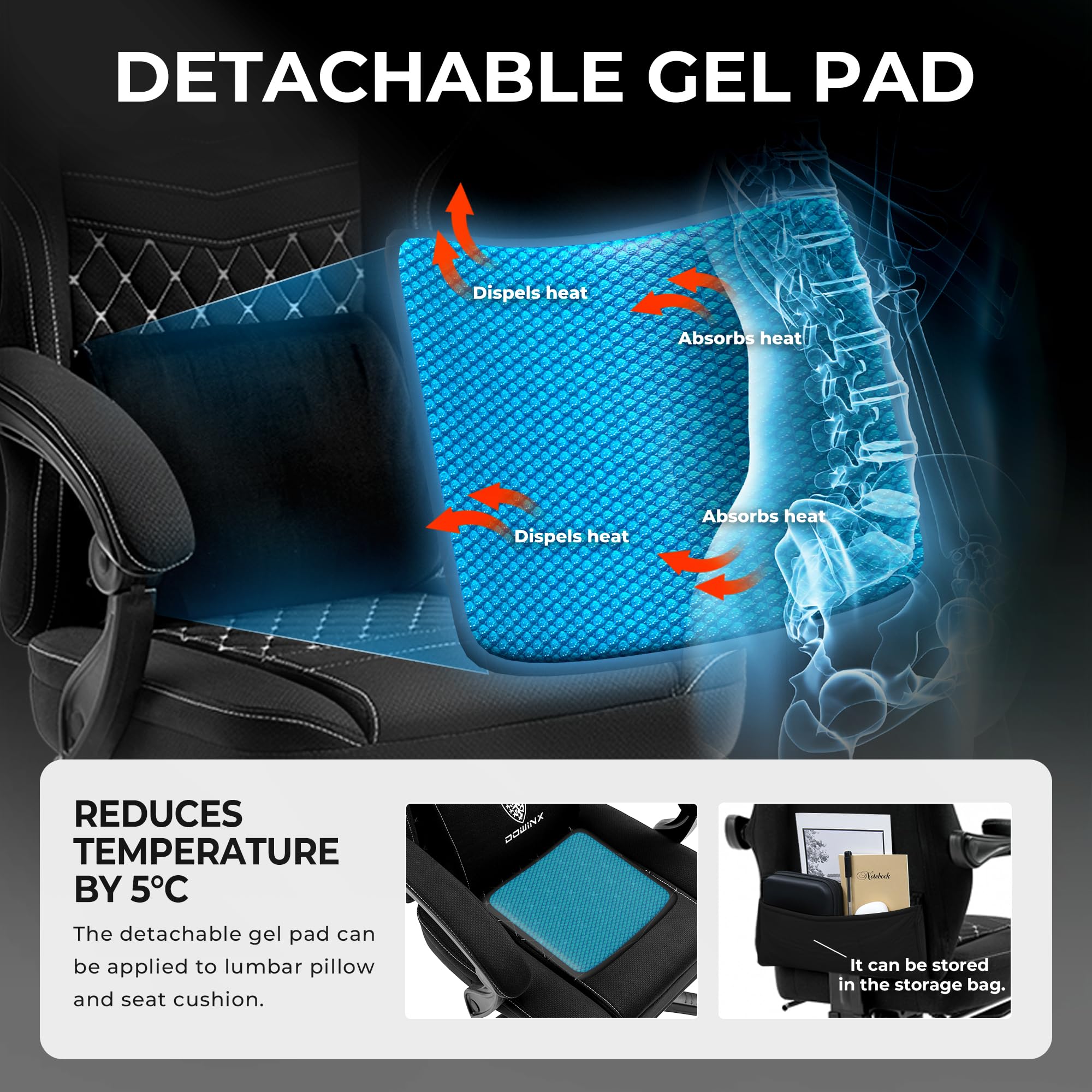 Dowinx Gaming Chair Breathable Fabric Computer Chair With Pocket Spring Cushion, Comfortable Office Chair With Gel Pad And Storage Bag,Massage Game Chair With Footrest,Black